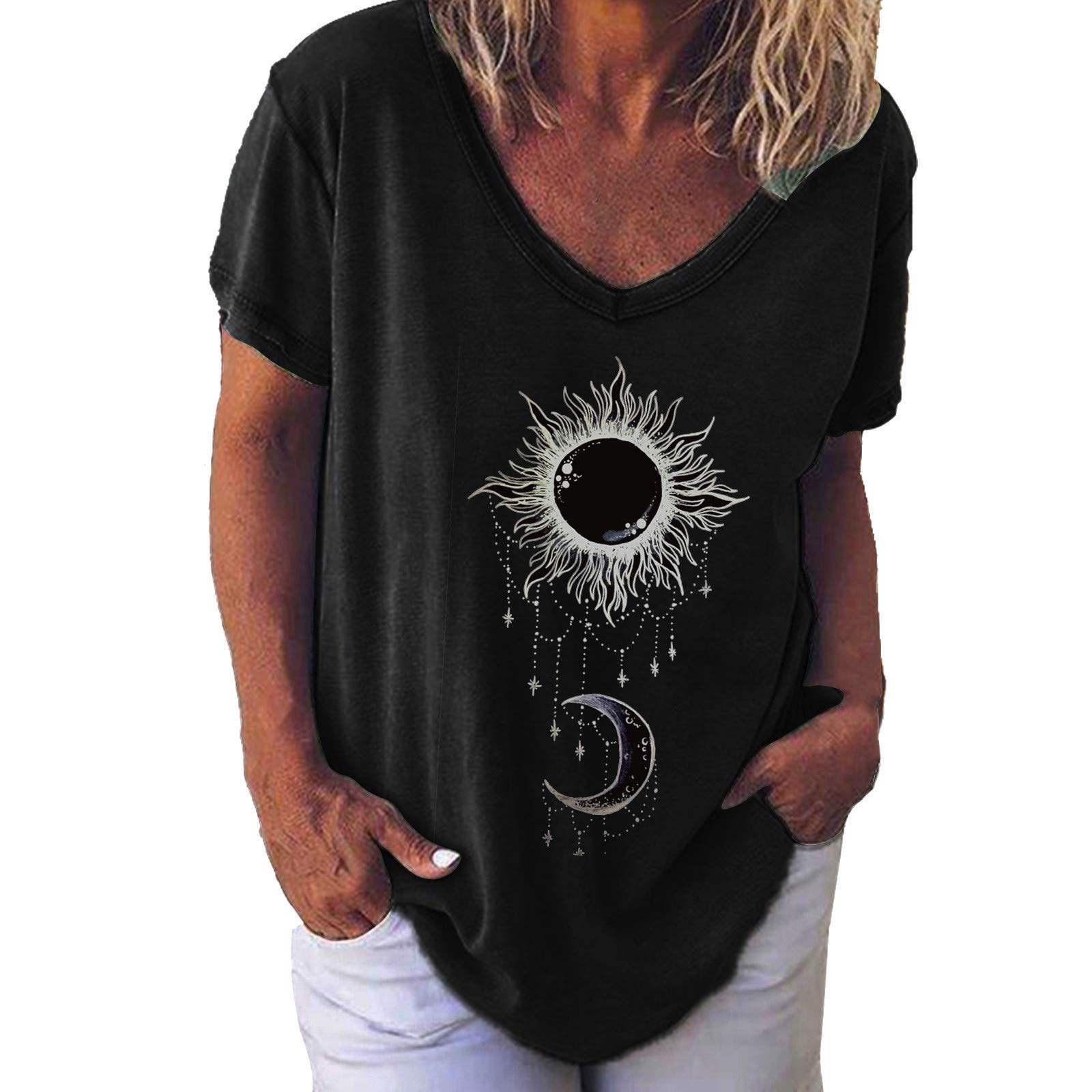 Women's Casual V-Neck Printed Short Sleeve Loose Fit T-Shirt - Soft Basic Top for Everyday Wear, Street Style & Summer Outfits