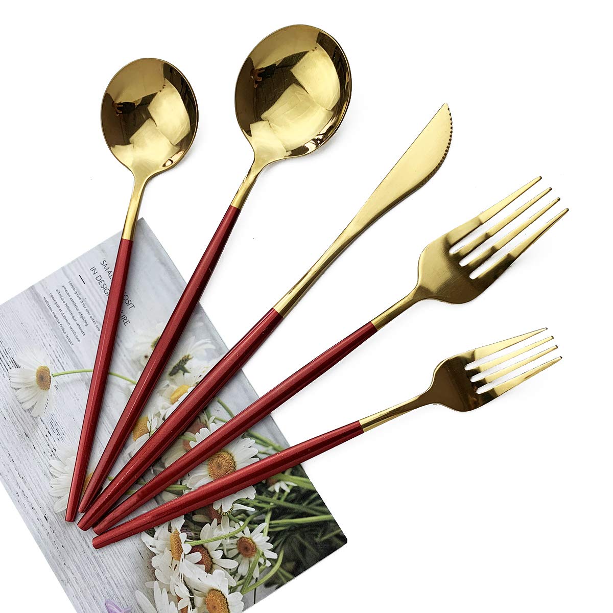 Premium 20-Piece Stainless Steel Flatware Set - Red Gold Silverware with Satin & Mirror Finish - Dishwasher Safe Cutlery Set for Home, Restaurant & Formal Dining (Perfect for Weddings, Dinner Parties & Everyday Use)