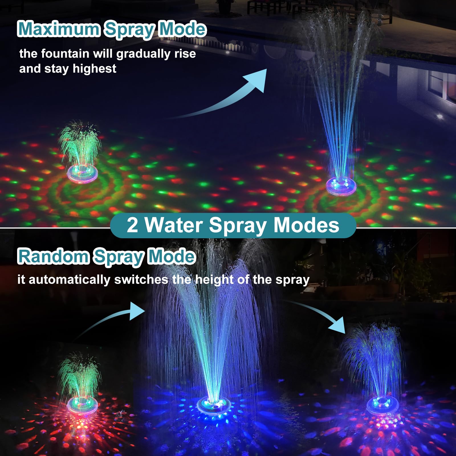 Rechargeable Battery Powered Floating Pool Fountain with LED Underwater Light Show - 2 Spray Modes Waterfall Pump for Inground/Above Ground Pools & Garden Ponds - Perfect for Backyard Decor, Water Aeration and Relaxation