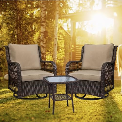 GARVEE 3-Piece Rattan Swivel Rocking Chair Set for Outdoor Patio, Wicker Bistro Conversation Furniture with Cushions & Side Table - Perfect for Garden, Porch, and Backyard Relaxation