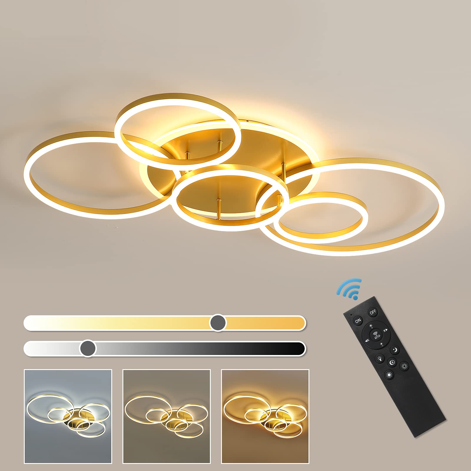Modern 106W Dimmable LED Ceiling Light with Remote Control - 6 Ring Acrylic Flush Mount Chandelier in Gold Finish for Living Room, Dining Room, Bedroom & Kitchen | Energy-Efficient Home Lighting for Modern Interiors & Cozy Ambiance