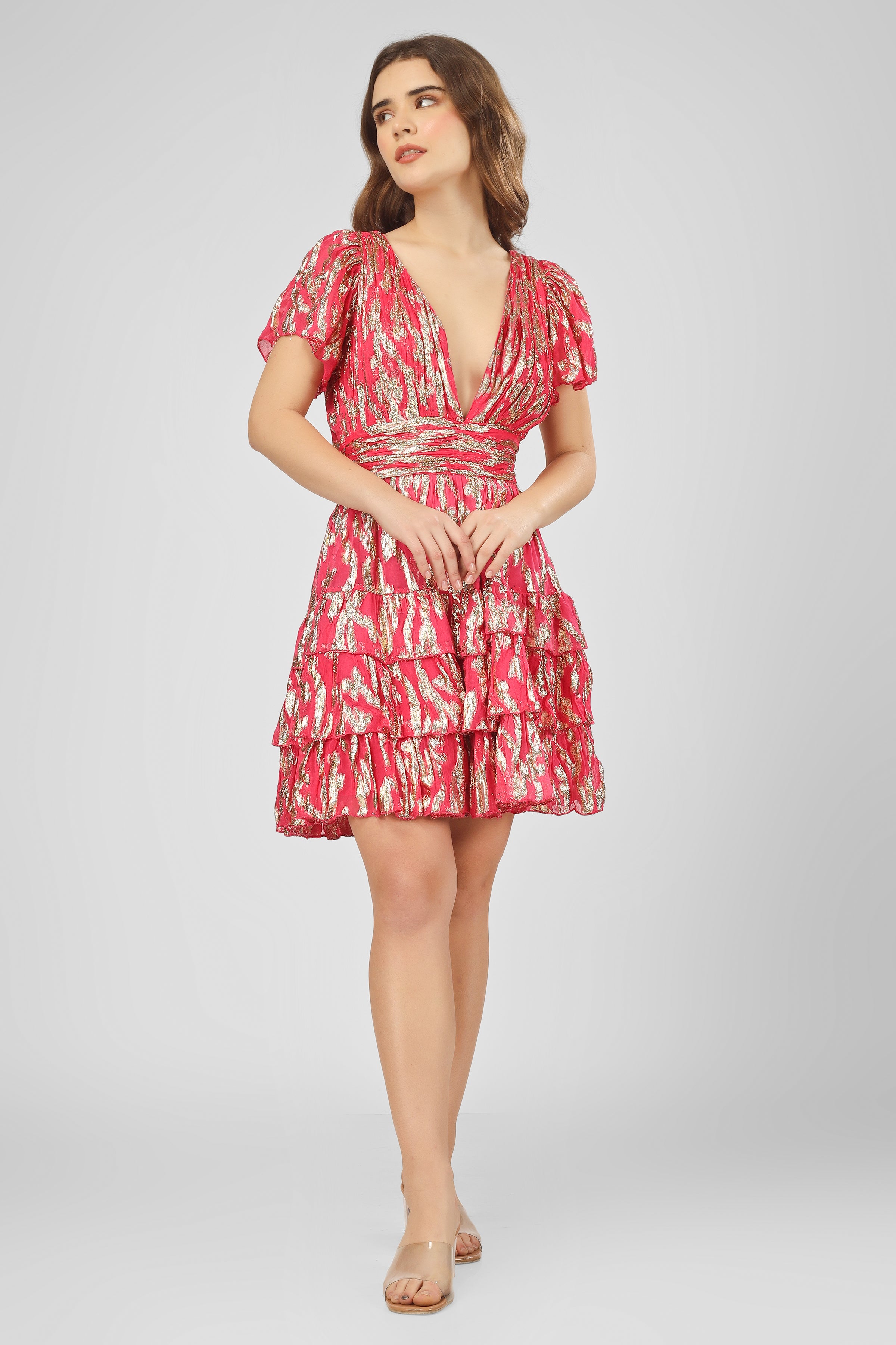 Madison Bright Pink Metallic Printed Mini Dress for Women - Party, Cocktail, Night Out, Date Night, Club Wear - Sexy & Stylish Fashion Outfit