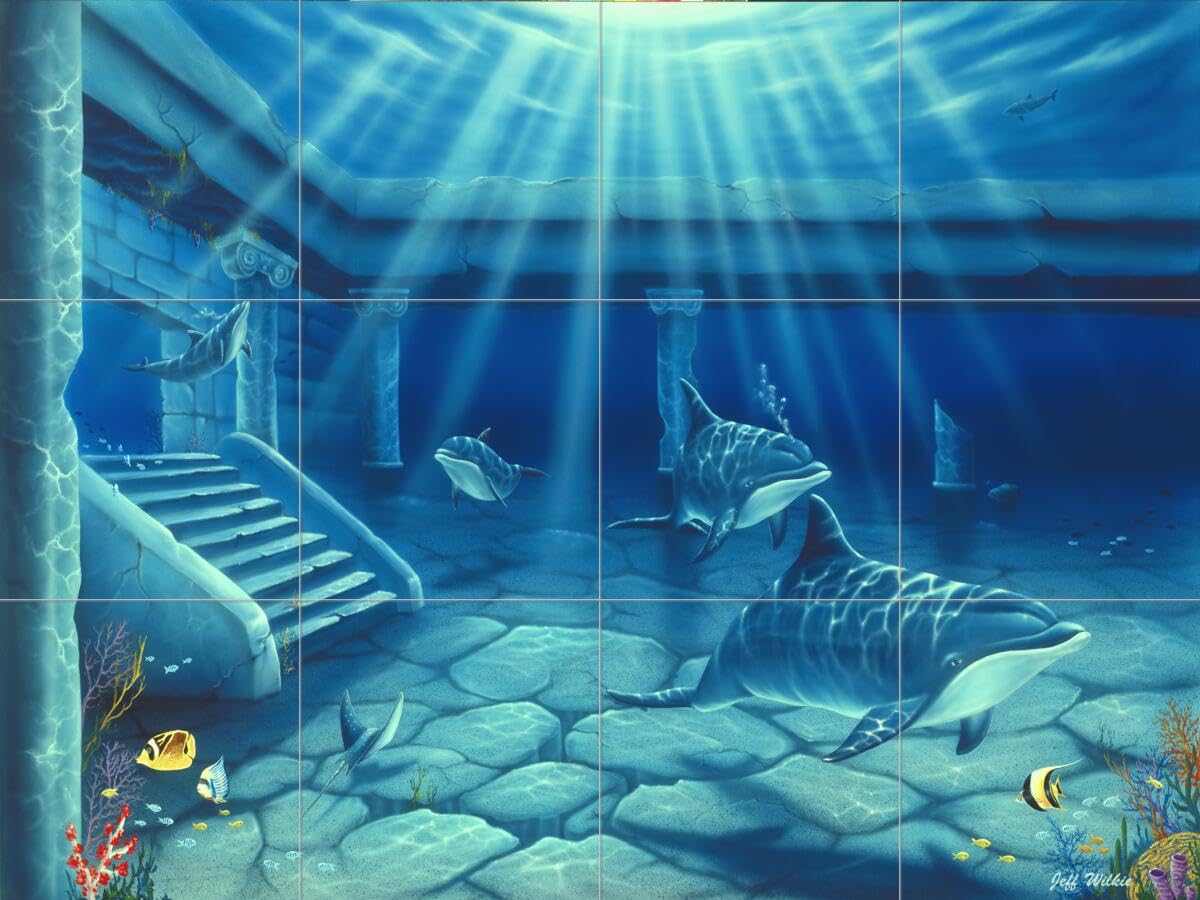 Ceramic Backsplash Tile Mural - Dolphin & Whale Underwater Ocean Scene - Kitchen, Bathroom, Shower Wall Decor - Atlantis Design by Jeff Wilkie - Perfect for Coastal, Beach, or Nautical Themed Interiors