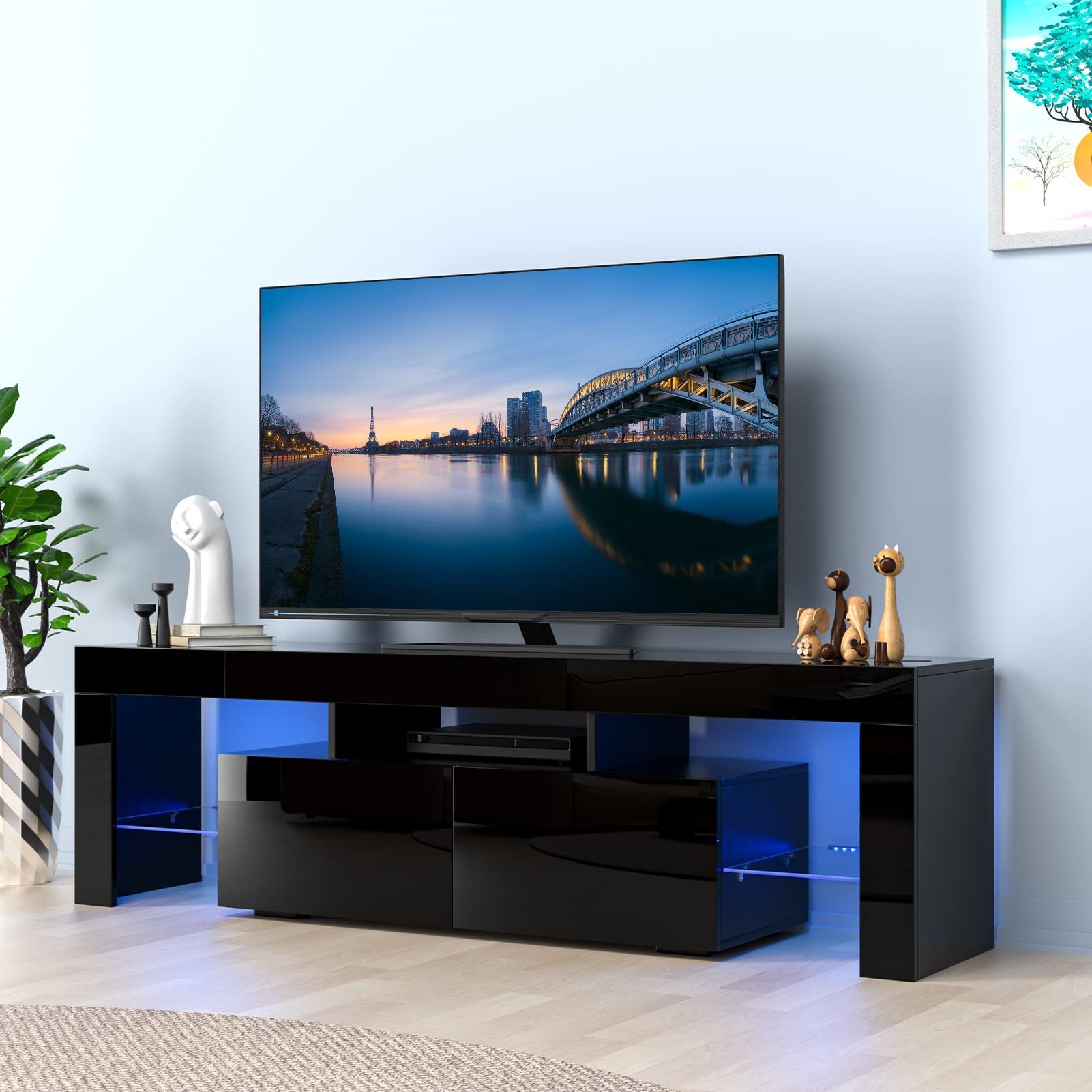Modern 60-70 Inch LED TV Stand with RGB Lighting & Storage - High Gloss Entertainment Center for Living Room, Bedroom & Game Room - 63