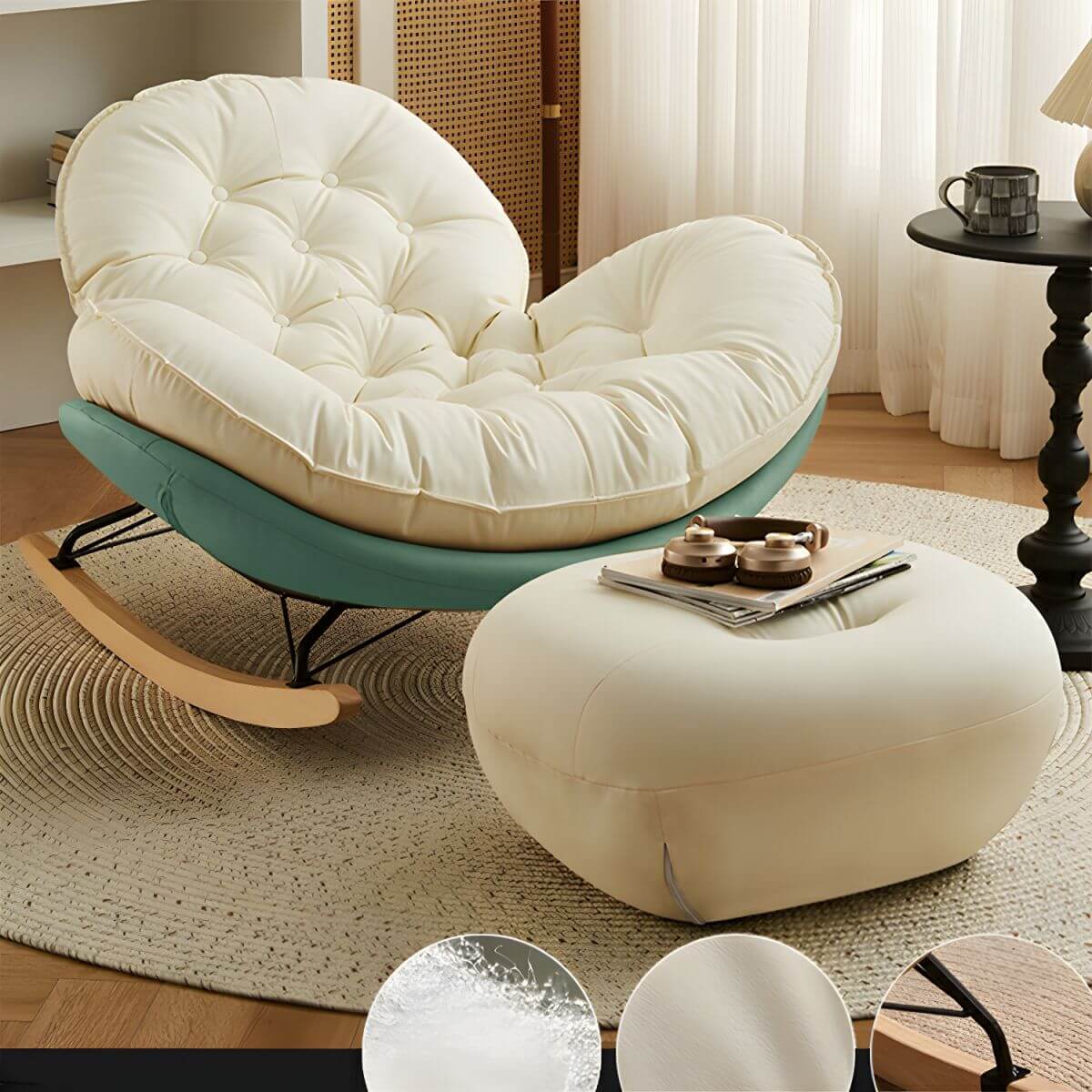 Modern Faux Leather Beige Upholstered Rocking Chair with Spindle Back & Natural Wood Legs - Cozy Nursery, Living Room or Bedroom Accent Chair for Relaxing & Nursing