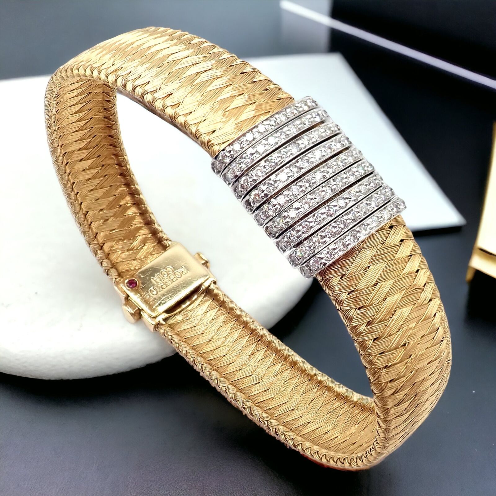 Authentic Roberto Coin 18k Yellow Gold 9 Row Diamond Silk Weave Bracelet for Women - Luxury Jewelry Gift for Anniversary, Birthday & Special Occasions