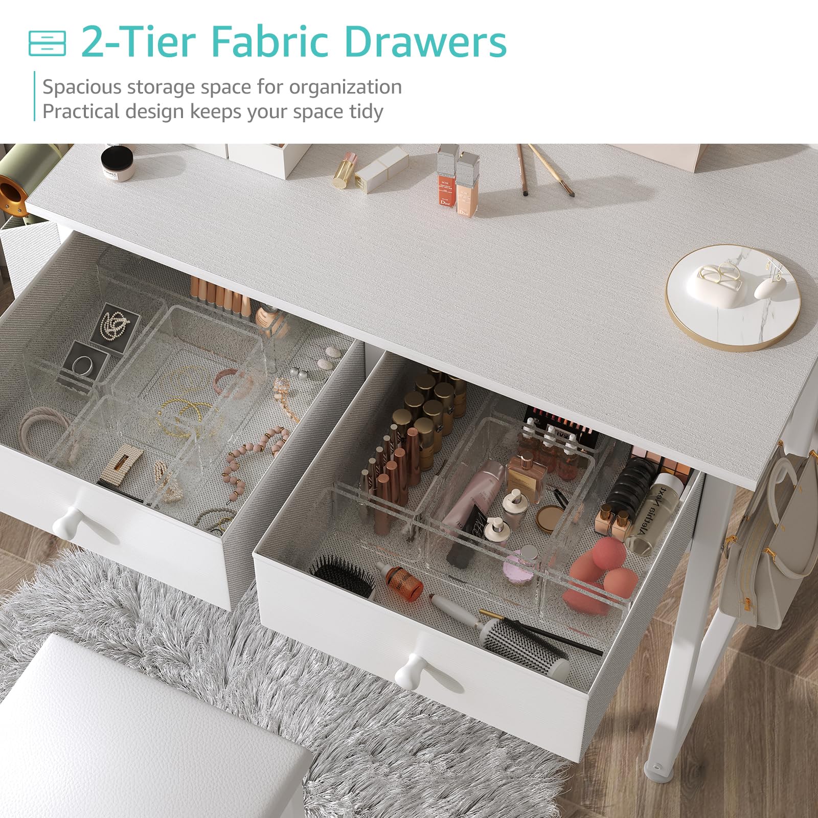 Modern White Makeup Vanity Desk Set with Fabric Drawers & Power Outlet - Small Dressing Table with Matching Chair for Girls Bedroom - Perfect for Beauty Routine, Cosmetics Storage & Bedroom Decor