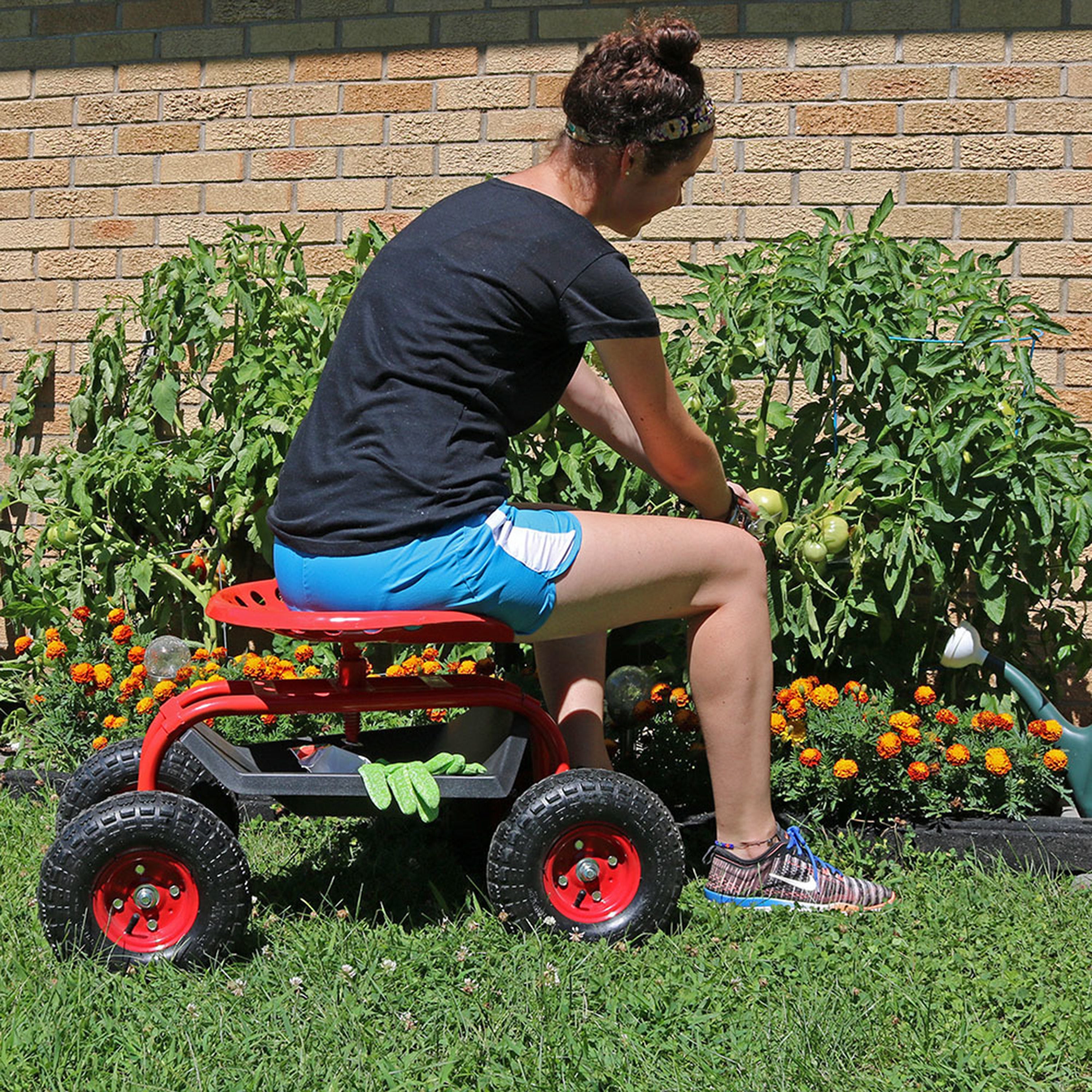 Sunnydaze Rolling Garden Cart with 360 Degree Swivel Seat & Tray - Heavy Duty Outdoor Utility Cart for Gardening, Yard Work & Patio Storage