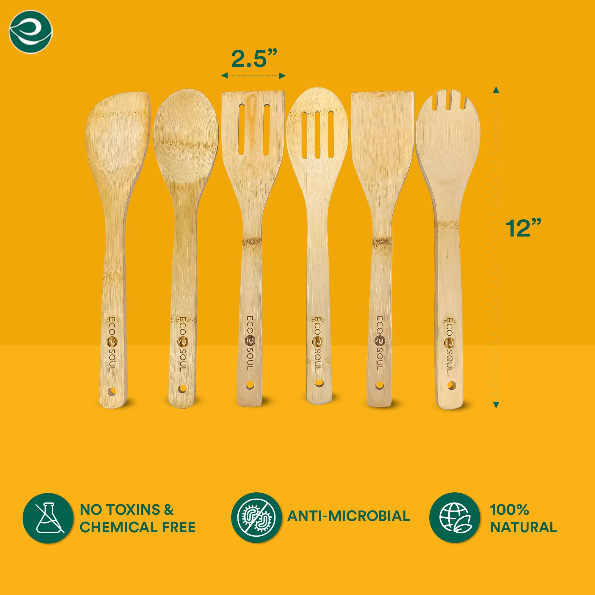 ECO SOUL [Set of 6] Bamboo Cooking Utensils - Non-Stick Wooden Spoons, Ladles & Turners for Kitchen | USDA Certified 30cm Bamboo Wooden Kitchen Tools | Perfect for Cooking, Serving, Mixing & Healthy Meal Prep