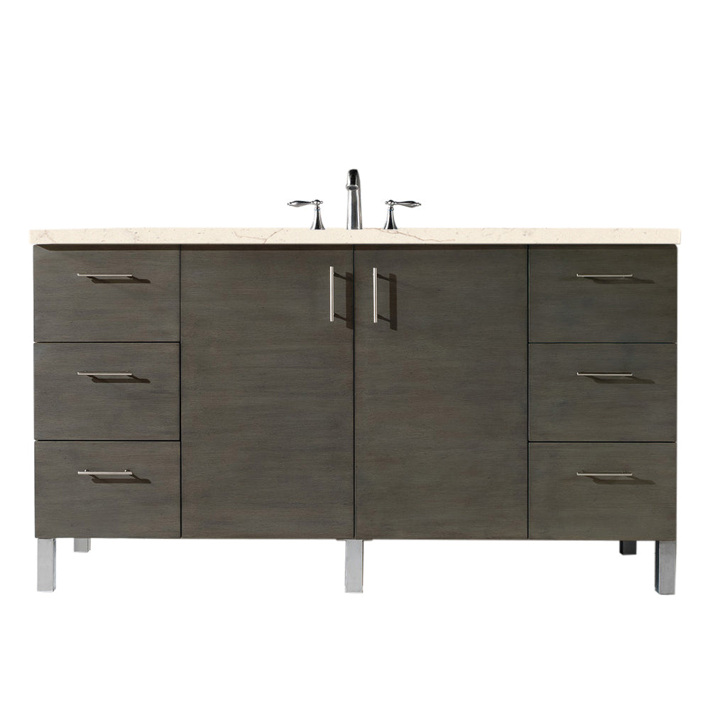 Metropolitan 60 Inch Single Bathroom Vanity Set with Eternal Marfil Quartz Countertop in Silver Oak - Perfect for Modern Master Bath & Powder Room Renovations