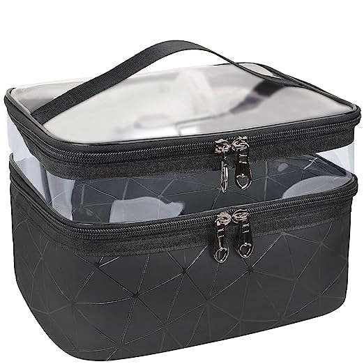 Double Layer Travel Makeup Bag - Waterproof Cosmetic Organizer & Toiletry Case for Women | Perfect for Airplane Carry-on, Gym, and Vacation (Black)