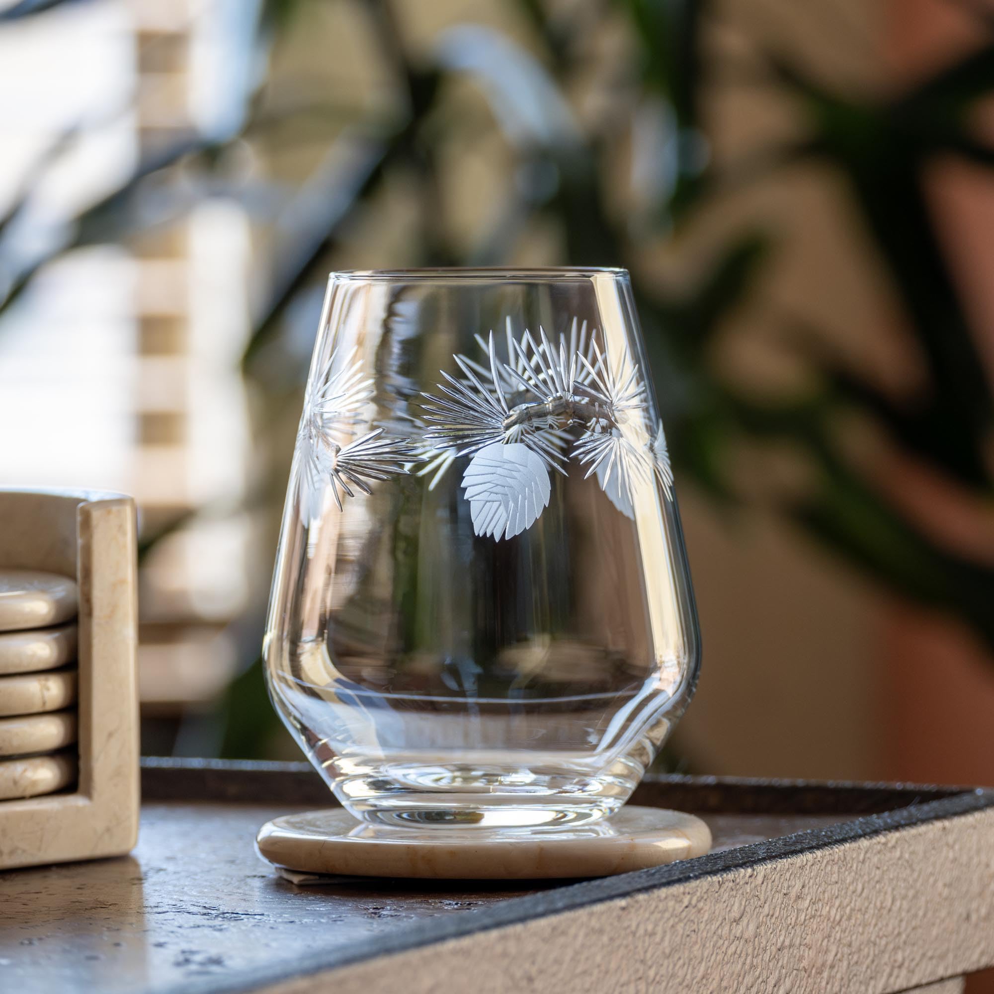 Premium Rolf Glass Icy Pine Stemless Wine Tumbler Set of 4 - 18oz Lead-Free Etched Glassware - Elegant Stemless Wine Glasses Made in USA - Perfect for Dinner Parties, Wine Tasting & Home Entertaining