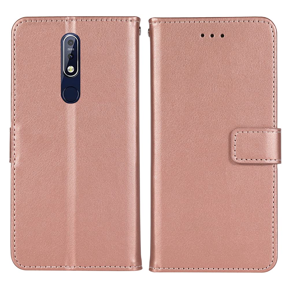 Premium Leather Wallet Case for Nokia 7.1 (TA-1085) - Flip Cover with Card Holder, Wrist Strap & Stand | Rose Gold Folio Phone Case for Women & Men | Perfect for Work, Travel & Daily Protection
