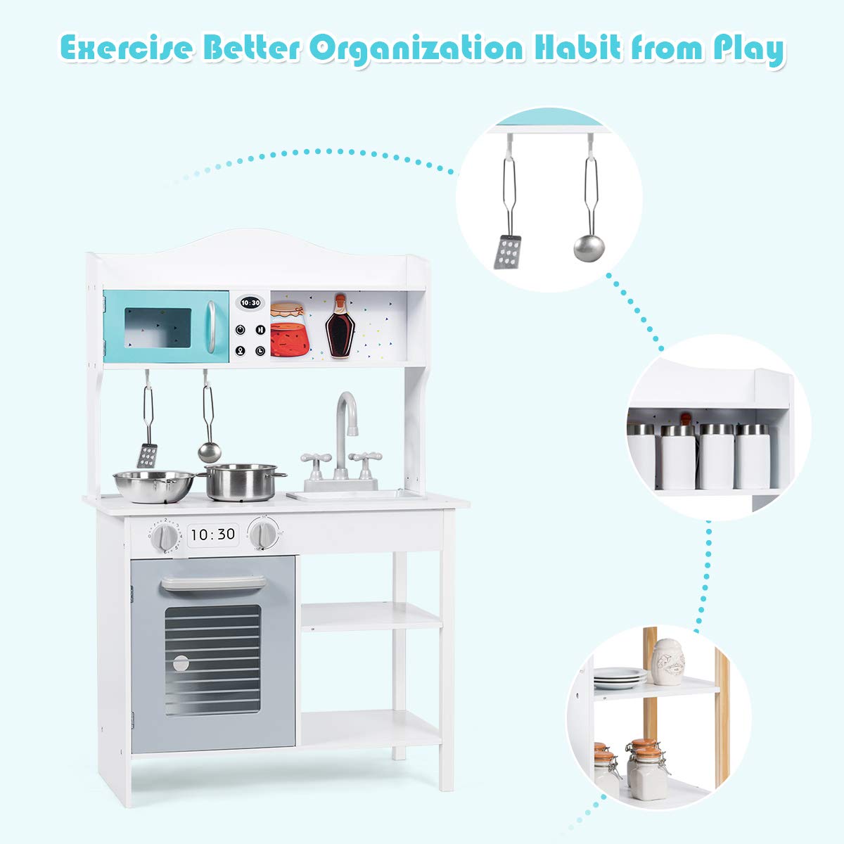 Costzon Wooden Play Kitchen Set for Kids - Pretend Play Cooking Toy with Sink, Oven, Microwave & Stove - Includes Pots, Utensils, Shelf & Cabinets - Great Gift for Toddlers Boys & Girls (Modern Style) - Perfect for Home Playroom, Preschool Learning & Birthday Gifts