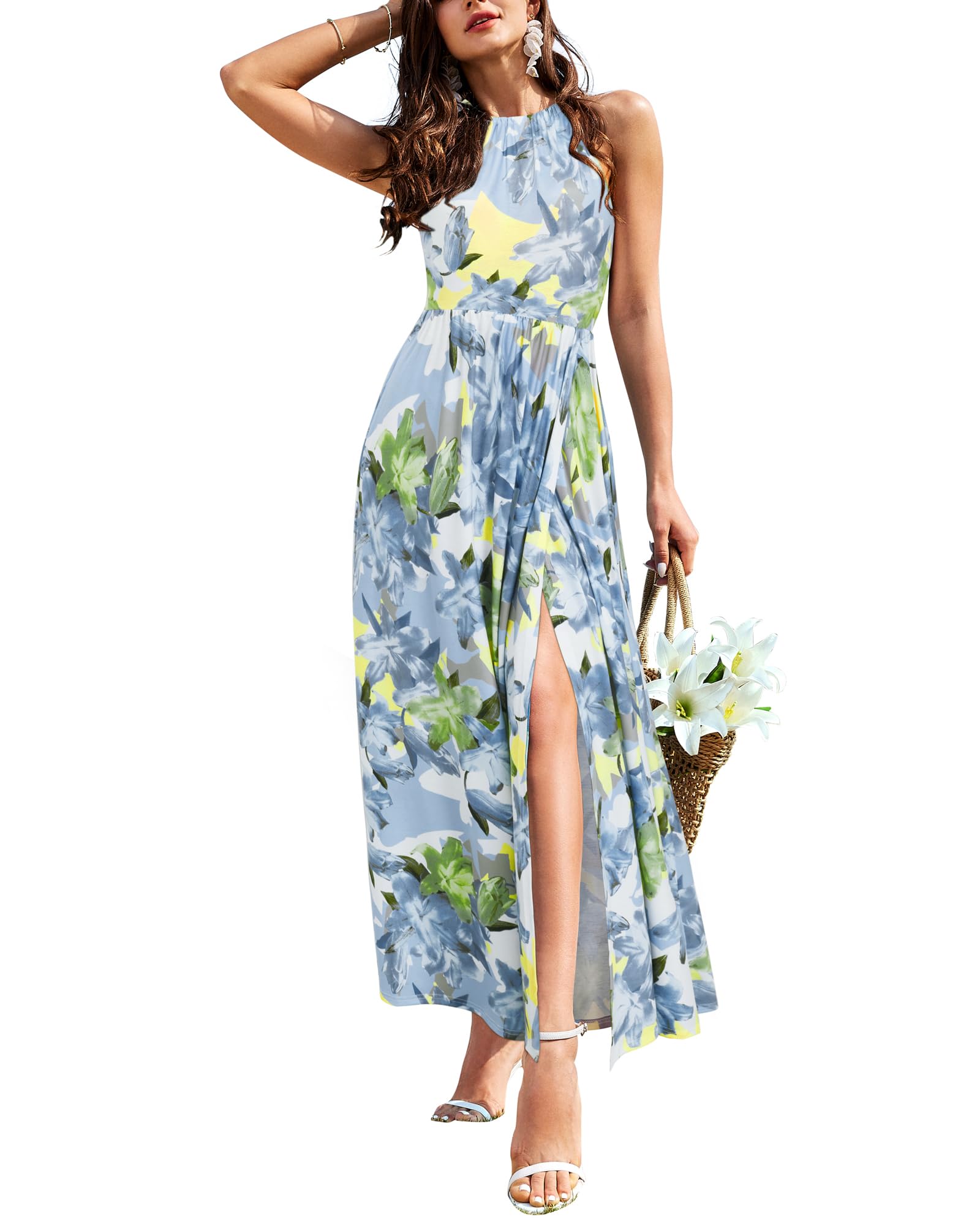 KILIG Women's Summer Maxi Dress 2025 - Casual Sleeveless Floral Sundress with Side Slit, Flowy Long Beach Dress for Vacation, Pool Party & Outdoor Date Night
