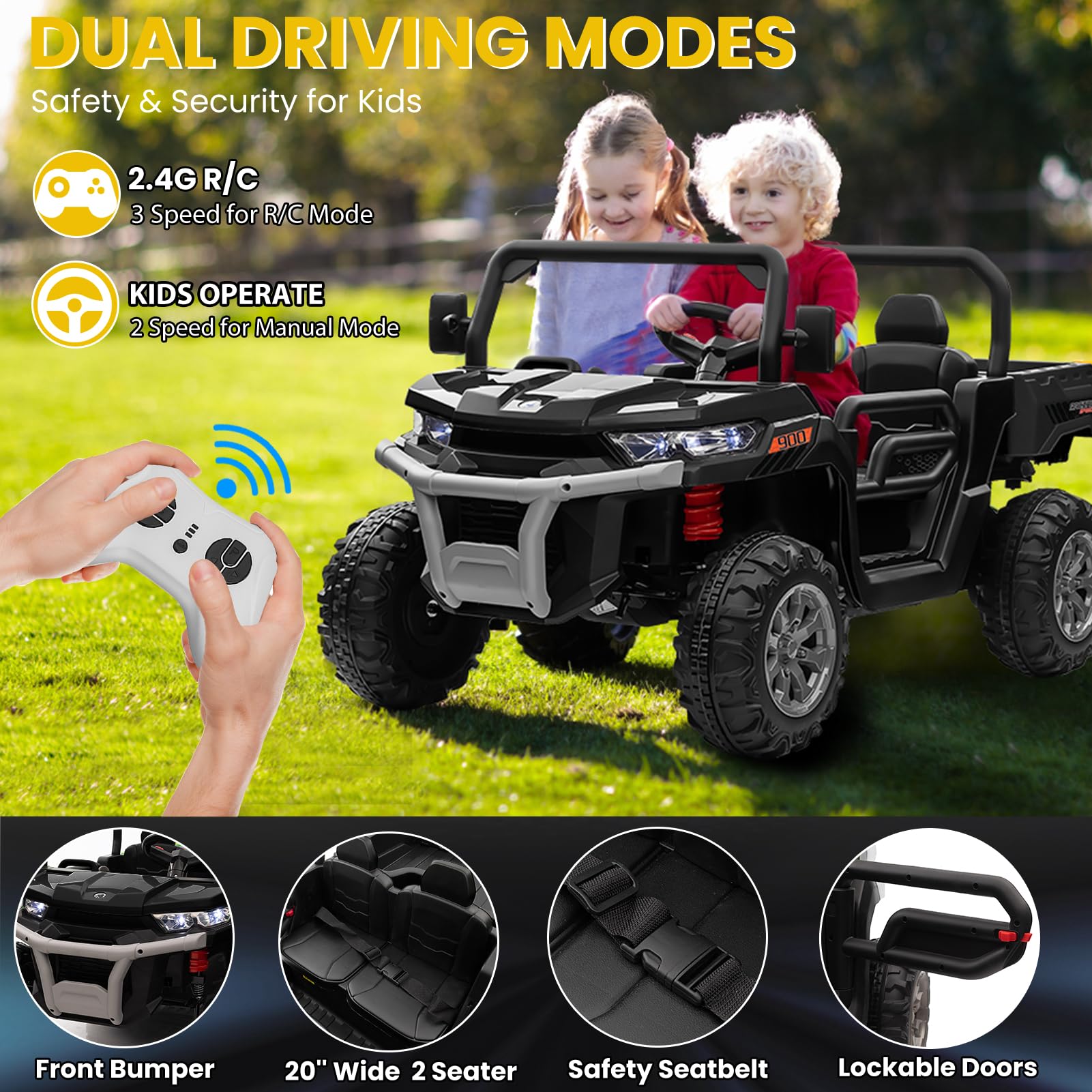 24V Electric Ride-On Dump Truck for Kids - 2 Seater UTV with 2.4G Remote Control, 4-Wheel Drive, Bluetooth Music & LED Lights - 24 Volt Battery Powered Toy Car for Boys & Girls Ages 3-8 (Black) - Perfect for Outdoor Play, Backyard Adventures & Birthday Gifts