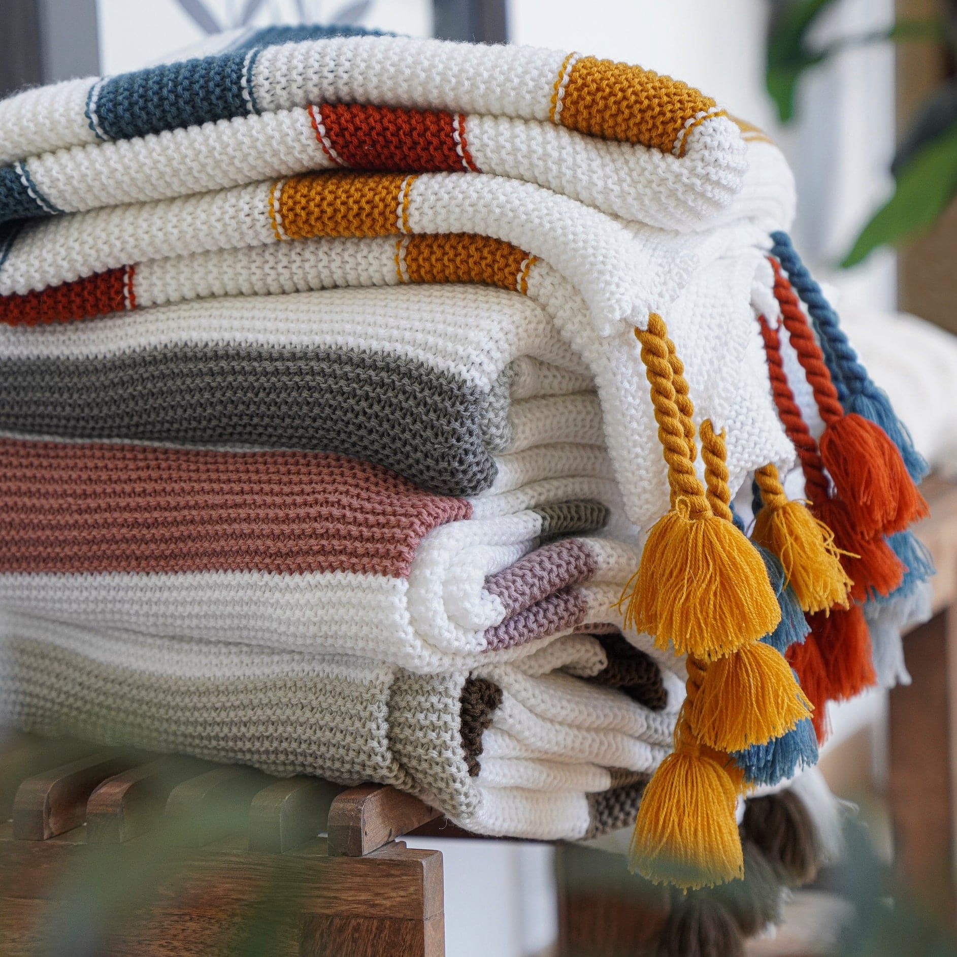 Boho Knitted Braided Tassel Throw Blanket - Soft Handmade Cotton Decorative Couch Cover for Living Room, Bedroom & Boho Home Decor