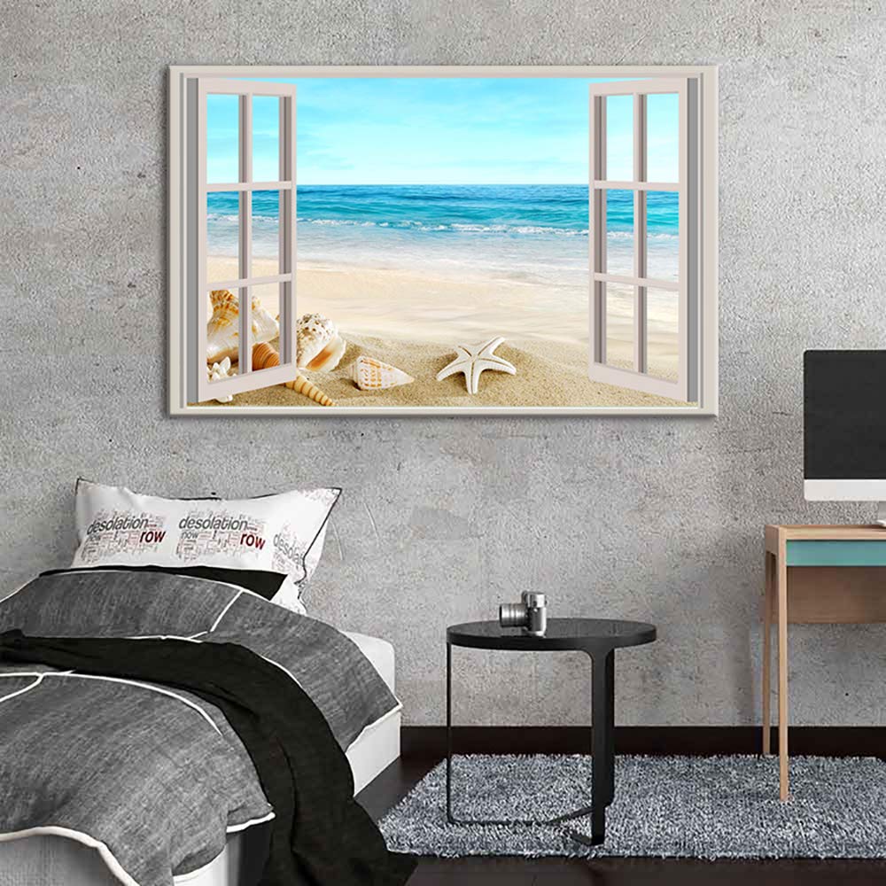Premium Canvas Wall Art - Framed Seashell Seascape Giclee Painting for Living Room Decor | Coastal Beach Theme Home Wall Decorations | Perfect for Beach House, Bedroom & Office Wall Art