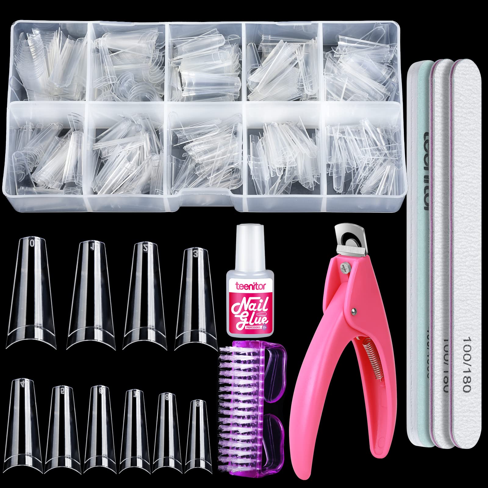 500 Pcs Clear Coffin Press on Nails - French Acrylic Artificial Nail Tips Set with Nail Glue, Files, Buffer, Shiner & Brush | Natural Half Cover False Nails for Salon, Party & Daily Wear by Teenitor