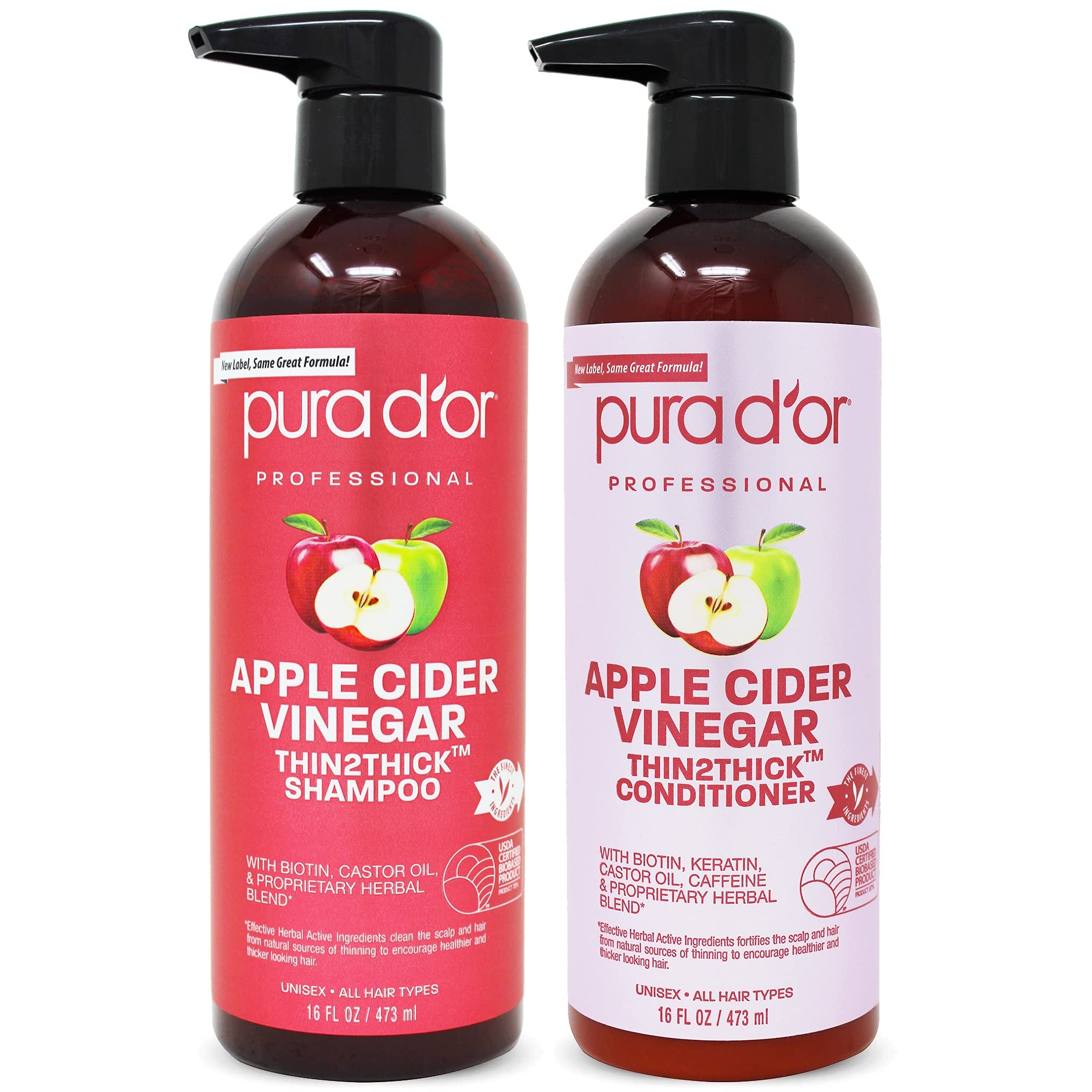 PURA D'OR Apple Cider Vinegar Thin2Thick Set (16oz x 2) - ACV Shampoo & Conditioner for Hair Growth, Clarifying & Detox - Anti-Thinning Biotin Shampoo with DHT Blocker - Clinically Tested for Thicker, Healthier Hair - Perfect for Daily Use & Hair Care Routine
