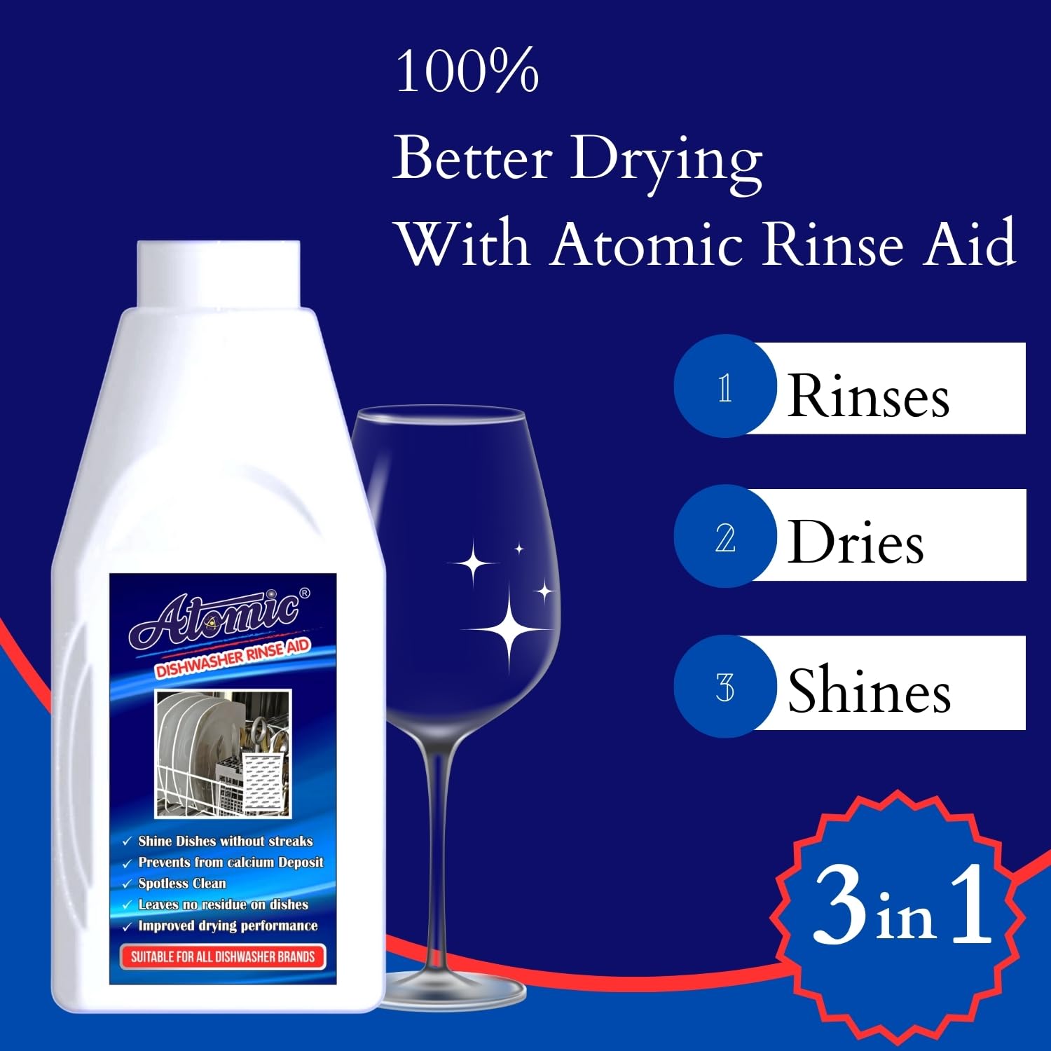 Atomic Dishwasher Rinse Aid Liquid 400ml - Lemon Fresh Formula for Sparkling Clean & Streak-Free Dishes | Prevents Water Spots & Enhances Drying | Ideal for Glassware, Silverware & Everyday Dishware