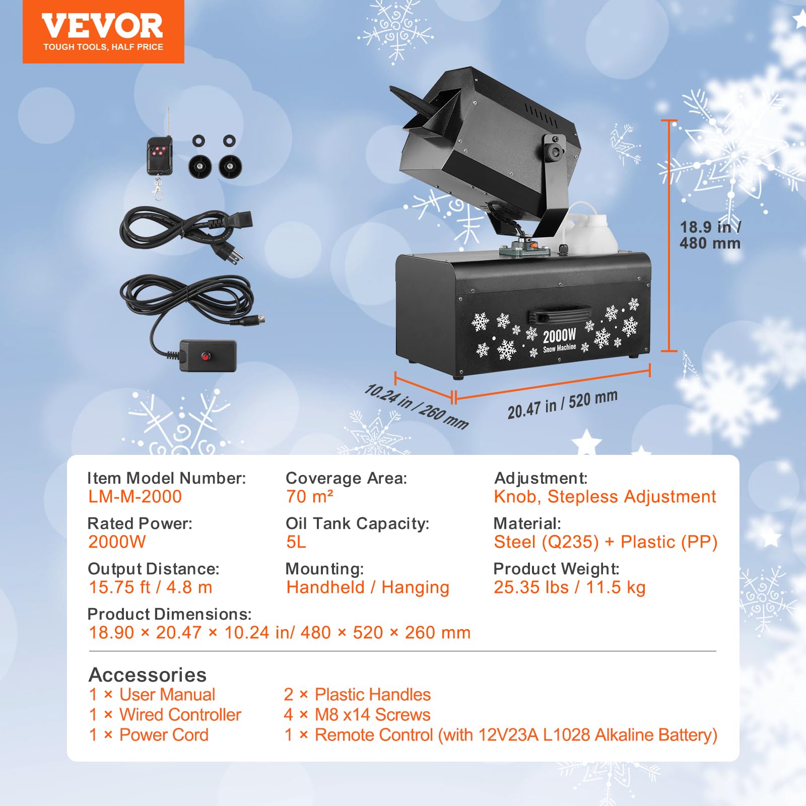 VEVOR 2000W High Output Snow Machine with 70㎡ Wide Coverage & Dual Remote Control - 90° Adjustable Shaking Head for Christmas Parties, Weddings, Stage Effects, and Winter Events