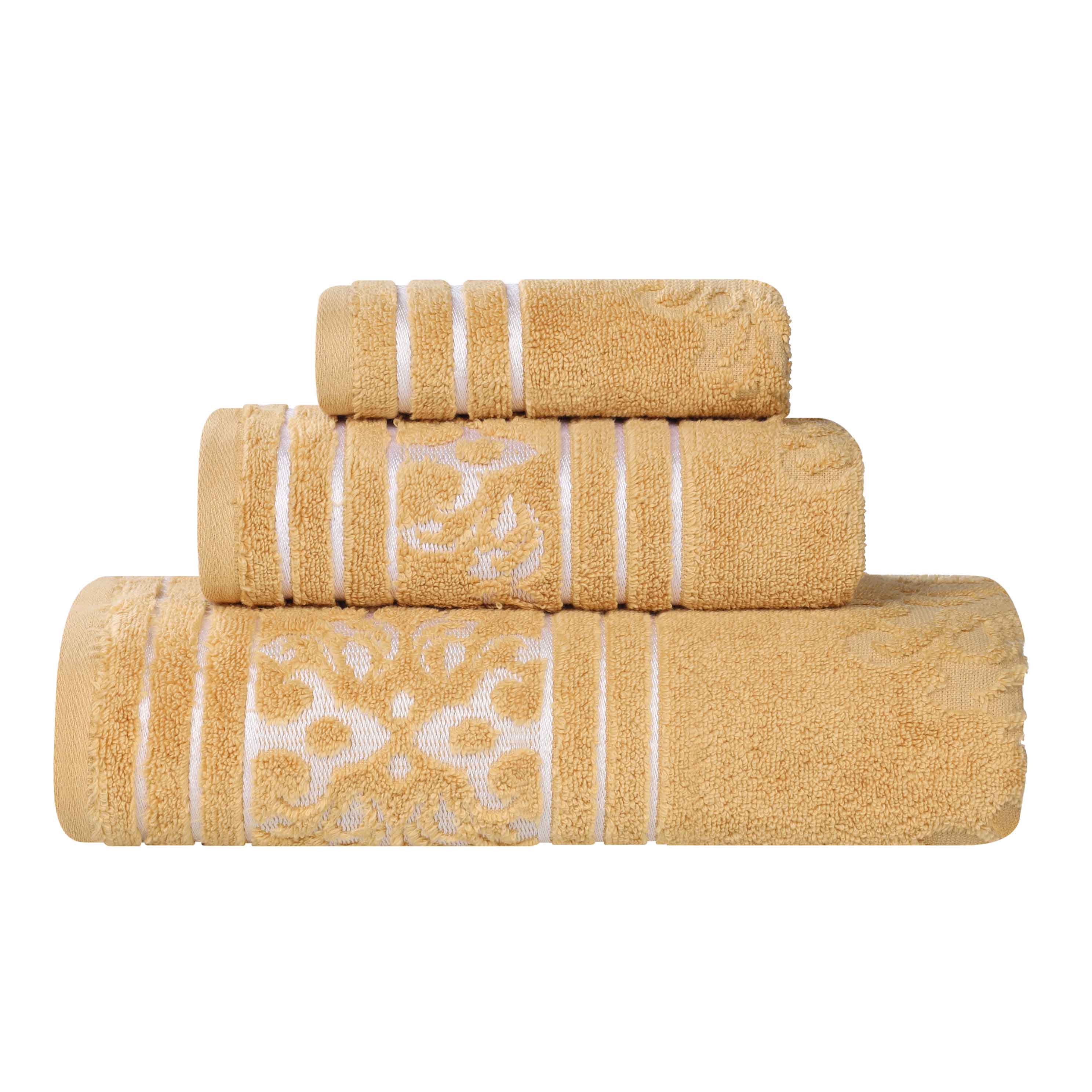 Premium Sadie Zero Twist Cotton 3-Piece Jacquard Towel Set with Elegant Floral Design - Soft Bath Towels for Spa, Guest Bathroom & Luxury Home Decor