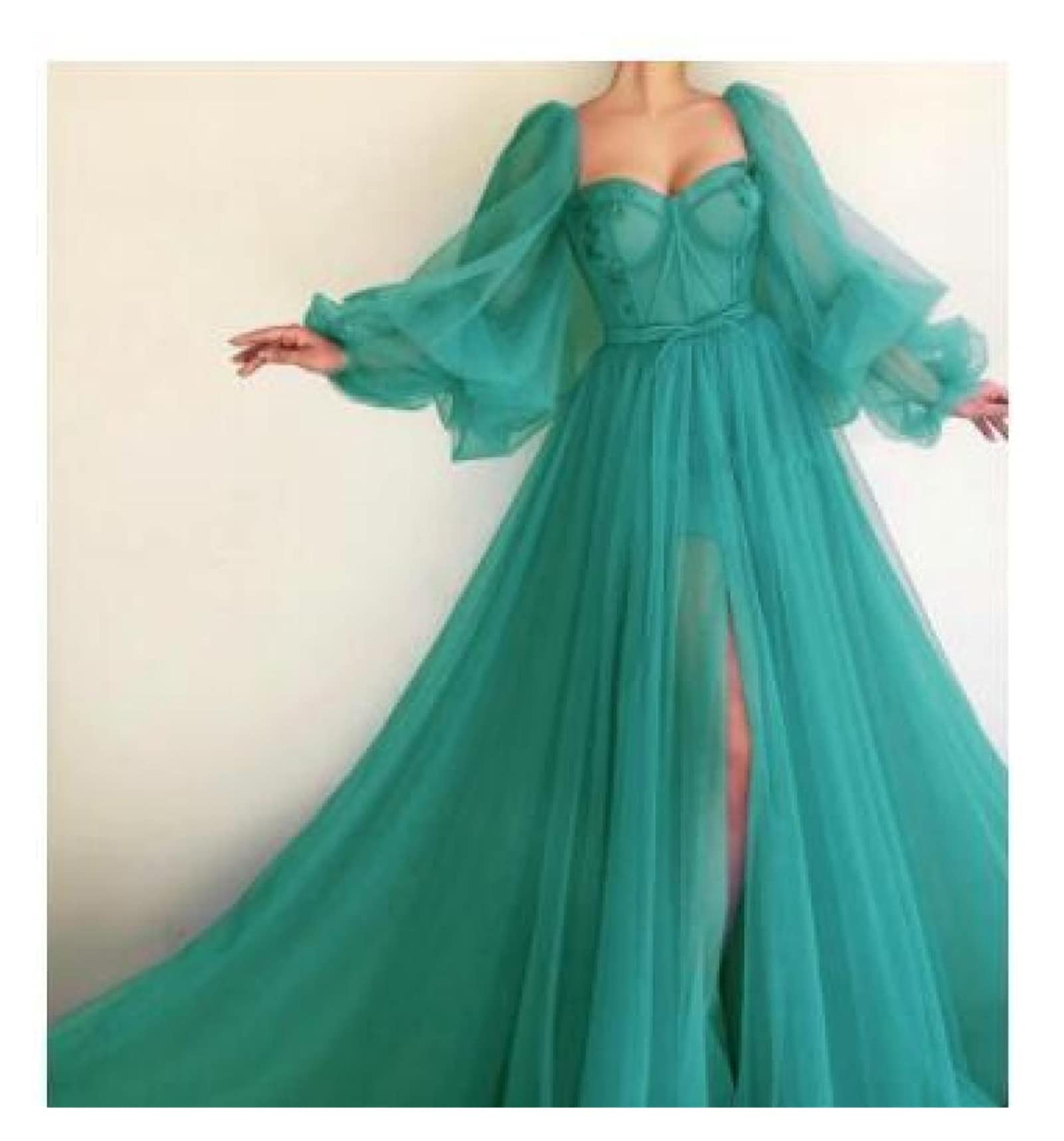 Elegant Puff Sleeve Wedding Dress for Bride - Sexy Square Neck Beaded Tulle Evening Gown with Side Slit | Perfect for Boho Bridal Party, Formal Events & Special Occasions