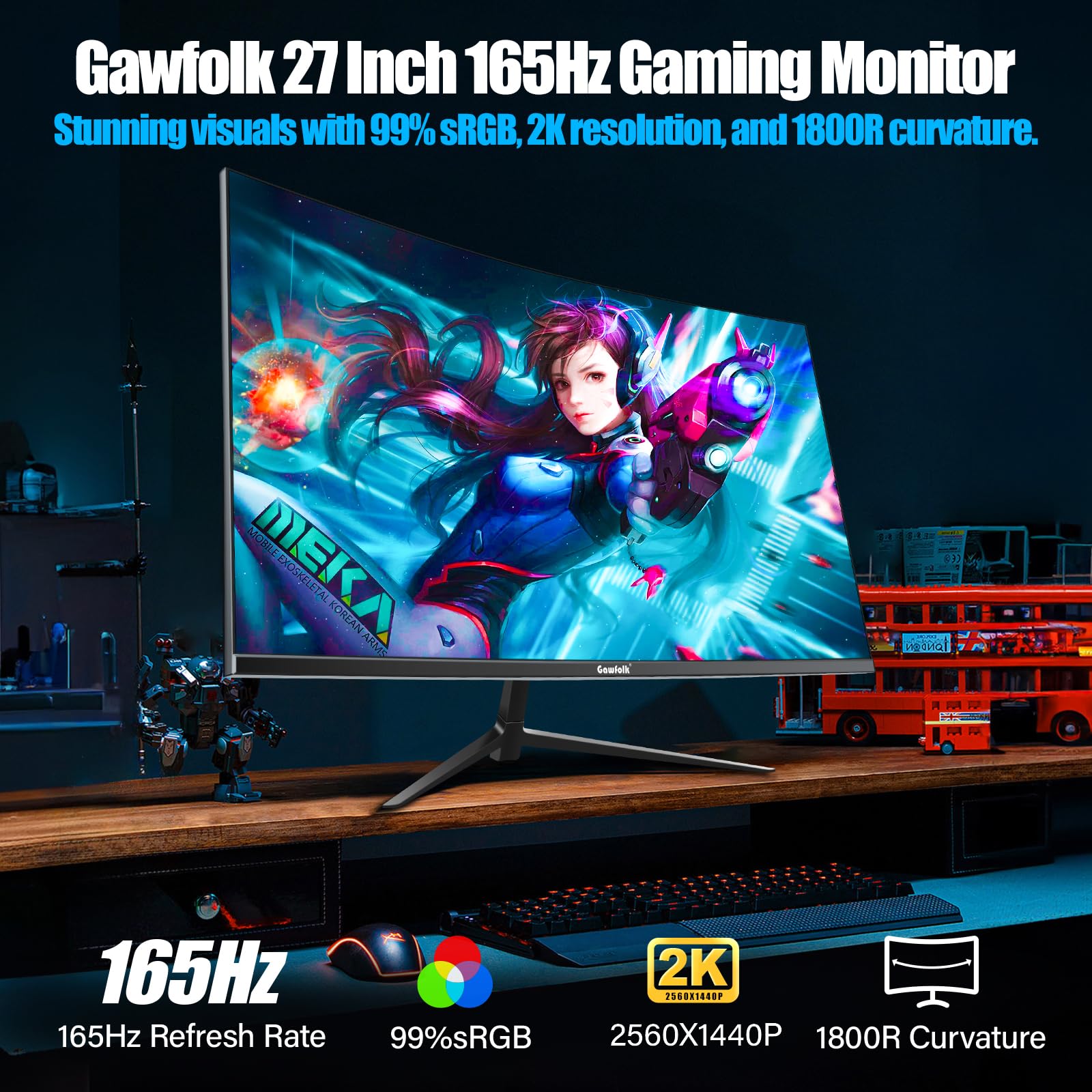 Gawfolk 27 Inch Curved Gaming Monitor QHD 165Hz, 2560x1440P Widescreen PC Monitor, 1800R Frameless Design with VESA, DP & HDMI - Perfect for Esports, Streaming & Home Office Setup