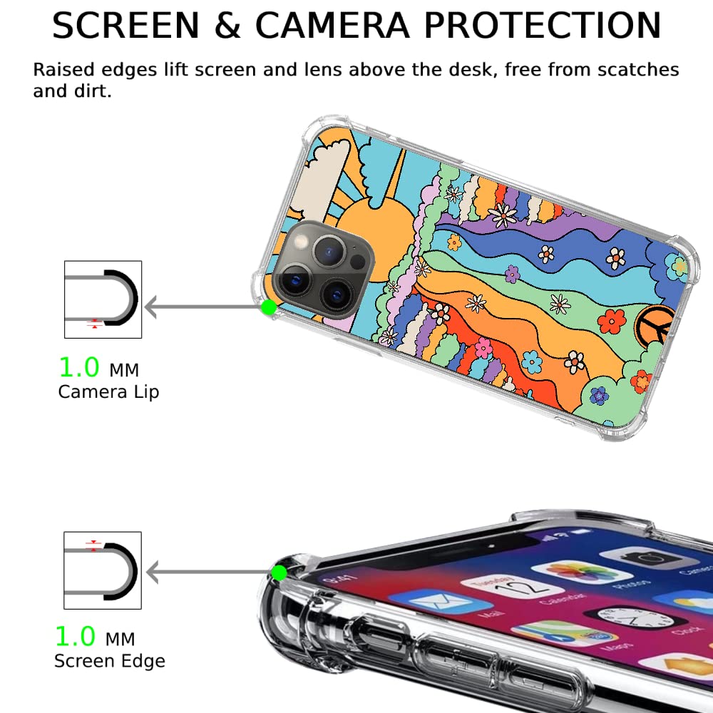 Vintage Hippie Flower Rainbow Sunshine Cloud Phone Case for iPhone 12 Pro Max - Retro Groovy Psychedelic TPU Bumper Cover, Shockproof & Anti-Scratch Protection - Perfect for Music Festivals, Beach Trips & Boho Style Lovers