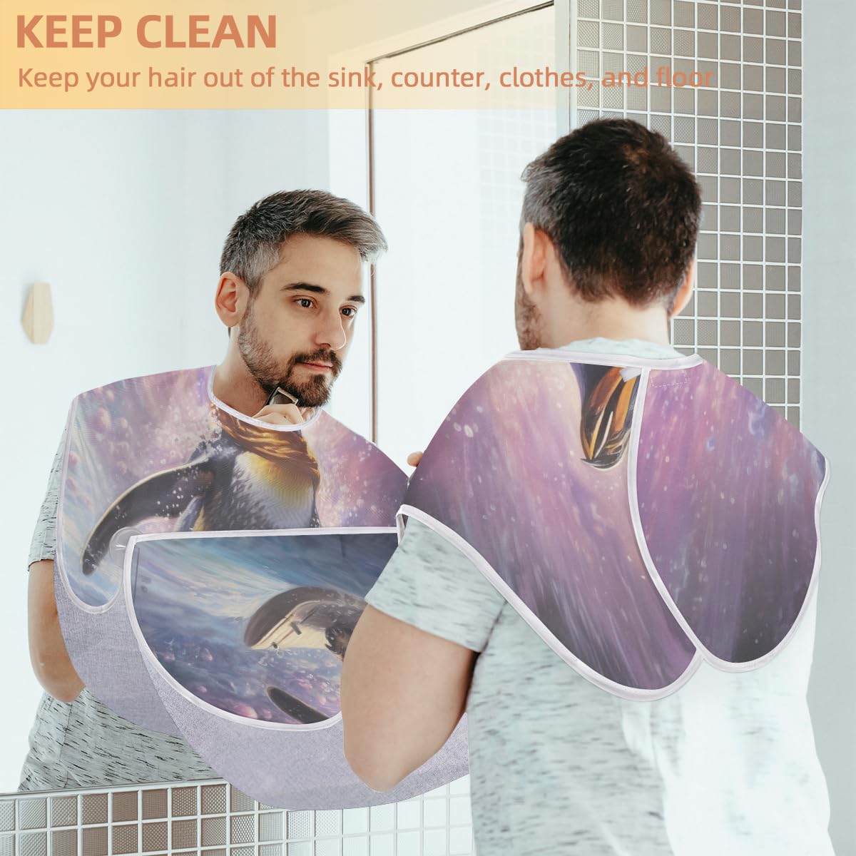 Men's Summer Penguin Ocean Beard Shaving Bib - Waterproof Makeup & Hair Dye Apron for Barbers, Stylists & DIY Grooming - Sink Hair Catcher & Beard Trimming Tool - Perfect for Home Salon, Barber Shops & Gift Giving