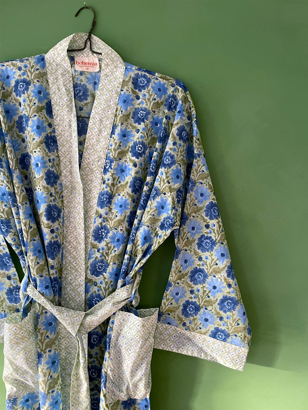 Handmade Block Print Cotton Robe for Women - Soft Sage Green Loungewear for Spa, Yoga & Relaxation at Home