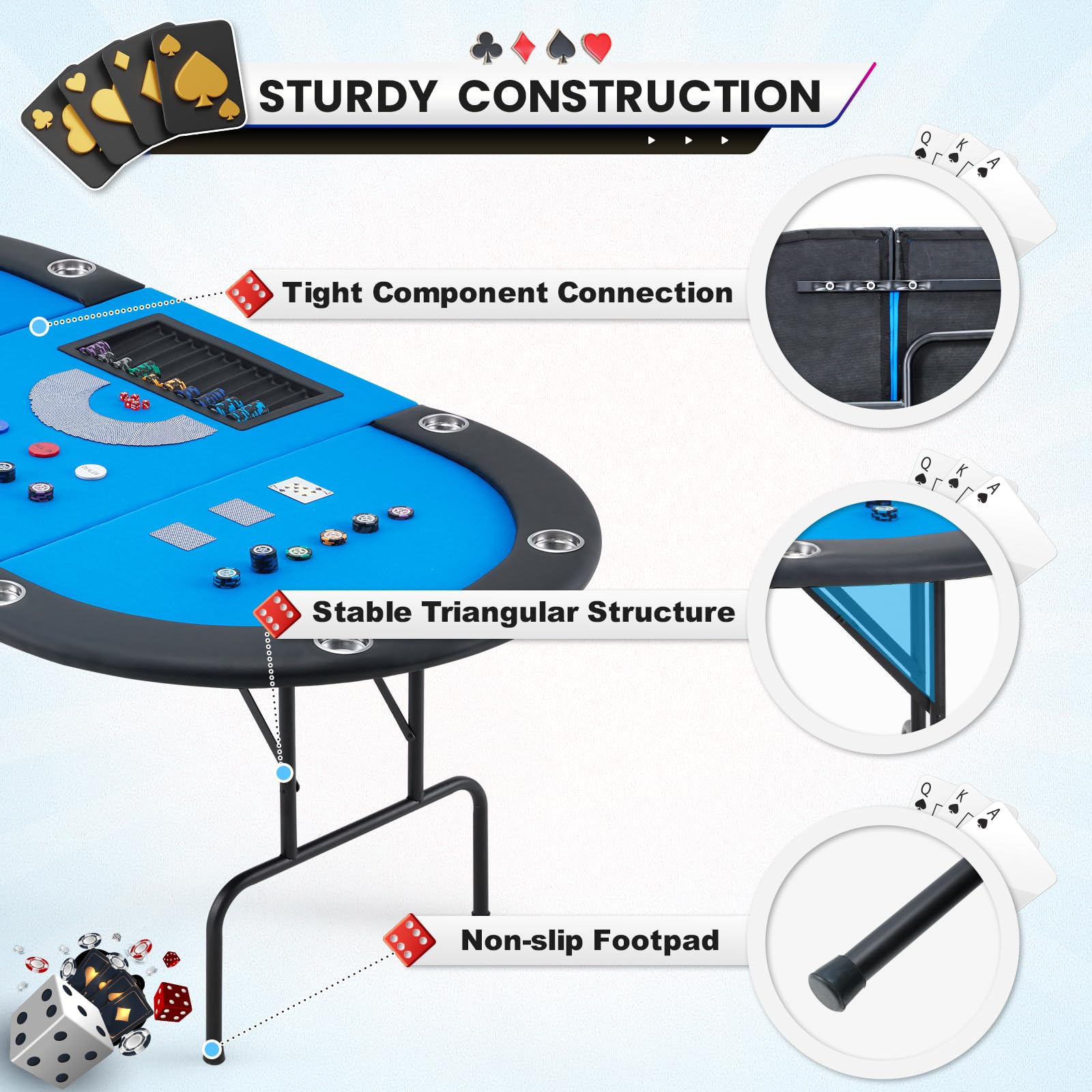 Premium ECOTOUGE Poker Table with Stainless Steel Cup Holders - Professional Texas Hold'em Casino Game Table with Sturdy Legs (Blue, Oval) for Home Game Nights, Poker Parties & Casino-Themed Events