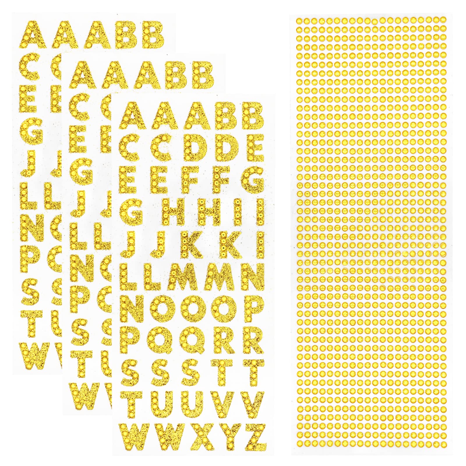 3 Sheets Glitter Alphabet Stickers & 1 Sheet Rhinestone Stickers - Self-Adhesive Letter Stickers for DIY Crafts, Scrapbooking, Home Decor (Gold) - Perfect for Party Invitations, Gift Wrapping & Journal Embellishments