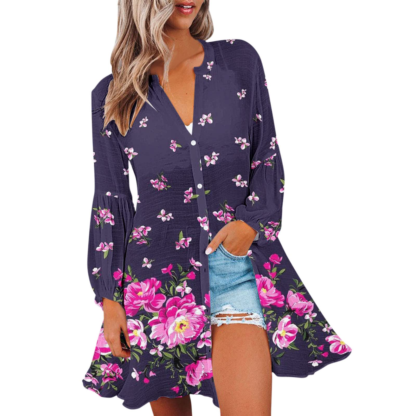 Women's Floral Short Sleeve Button Down Shirt - Loose Fit Casual Blouse for Holiday, Beach & Summer Outfits - Purple Vacation Top