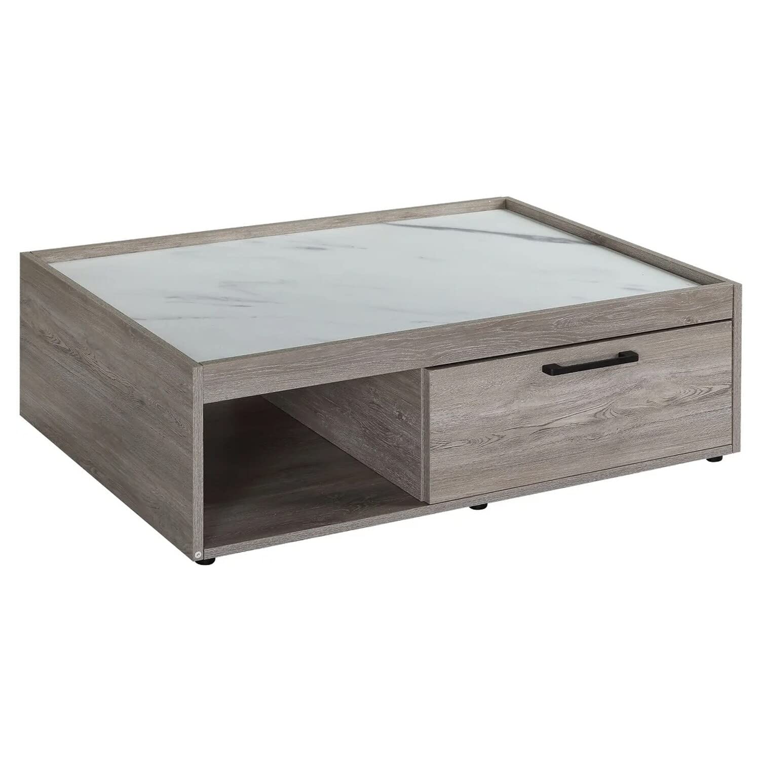 39 Inch Modern Gray Wood Coffee Table with Marble Top & Drawer - Contemporary Natural Finish for Living Room, Lounge, or Office