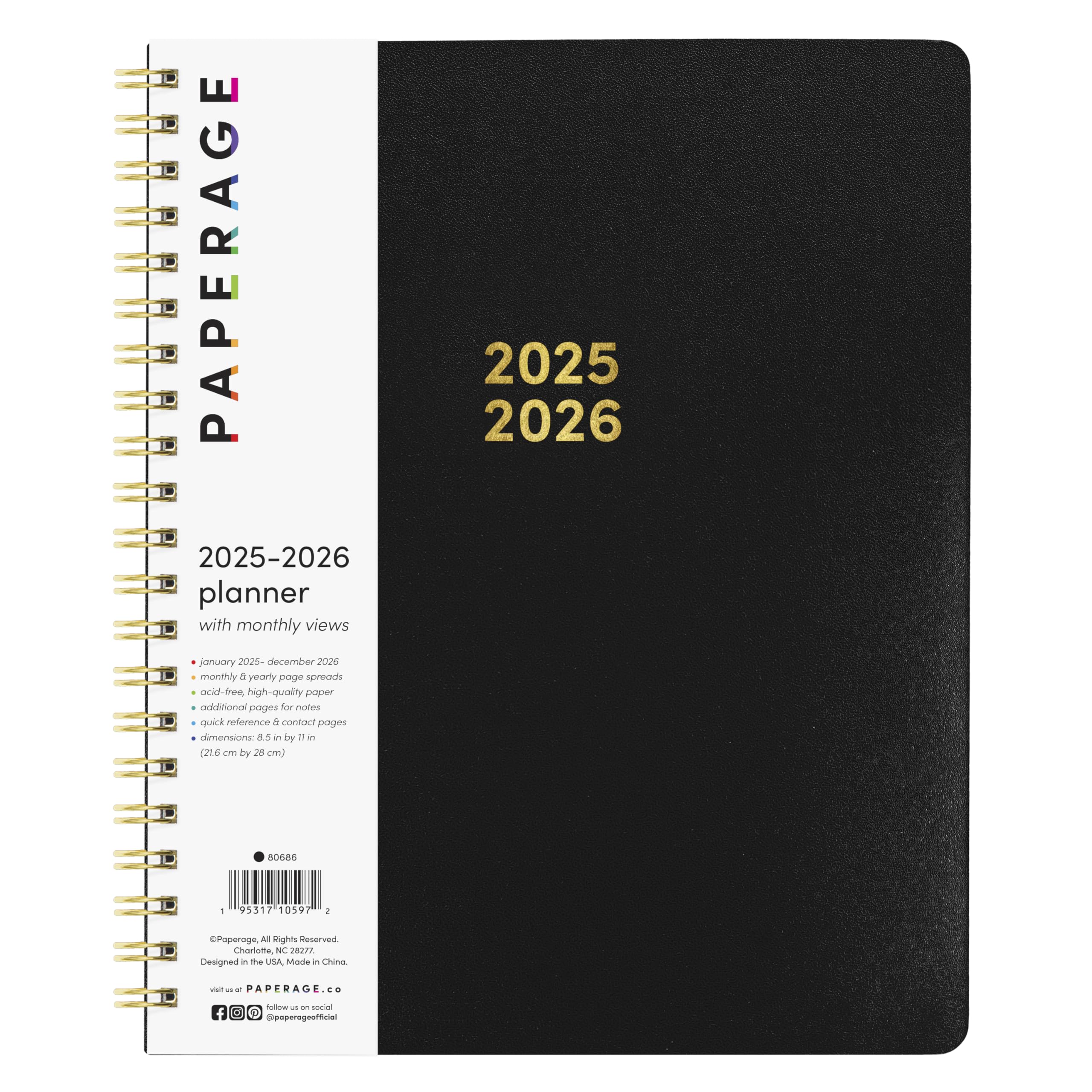 PAPERAGE 2 Year Spiral Bound Planner 2025-2026 (Black) | 24 Month Academic Planner Jan 2025-Dec 2026 | 8.5