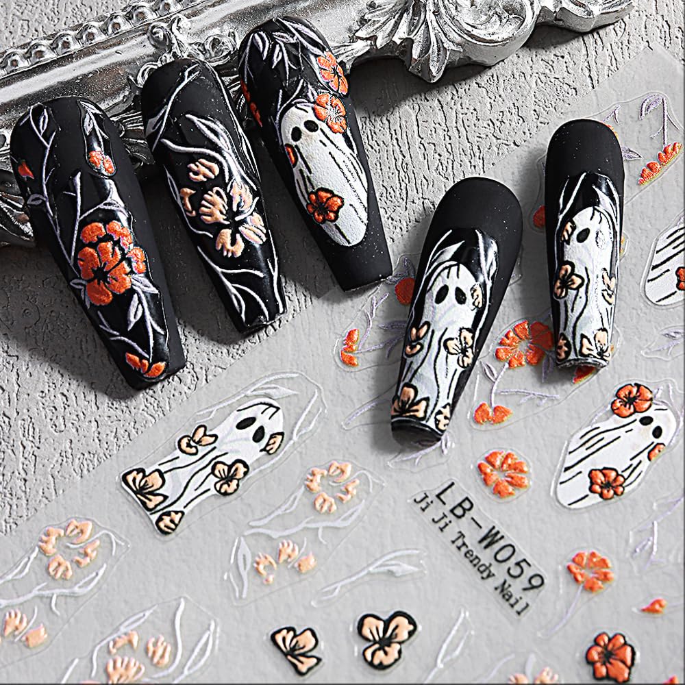 Halloween Nail Stickers - 5D Embossed Ghost & Skull Floral Nail Decals - Self-Adhesive Nail Art Supplies for Women & Kids - 2PCS - Perfect for Halloween Parties, Costume Nails & Spooky Manicure Decorations