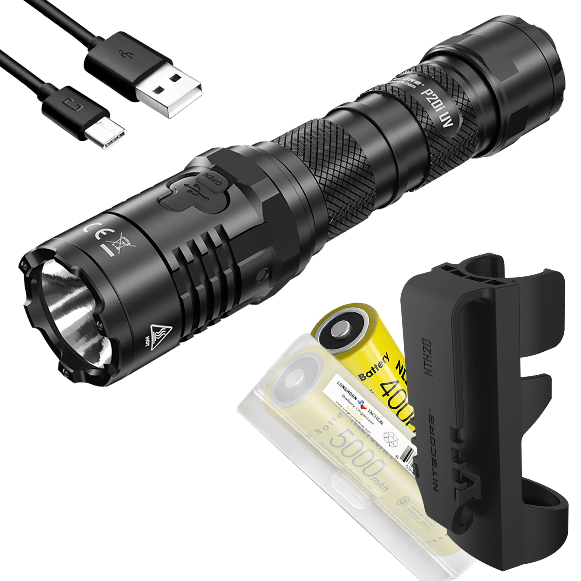 Nitecore P20i UV Tactical Flashlight - 1800 Lumens, USB-C Rechargeable with 2 Batteries & Organizer | UV Light for Security, Camping, Emergency & Outdoor Adventures