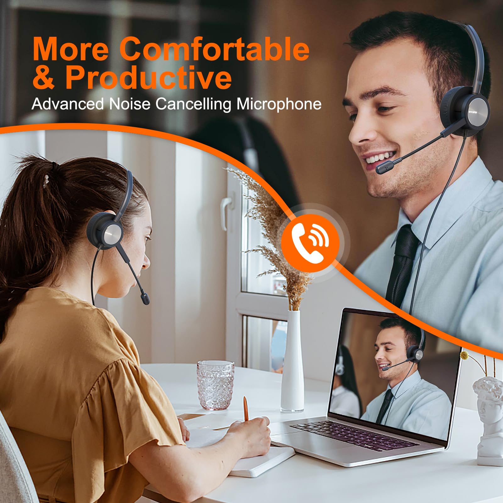 Noise Cancelling USB PC Headset with Microphone for Work & Office - Compatible with PC, Mac, Laptop - Ideal for Skype, Teams, Zoom, Webex, RingCentral, Dragon Dictation - Perfect for Remote Work, Online Meetings & Webinars