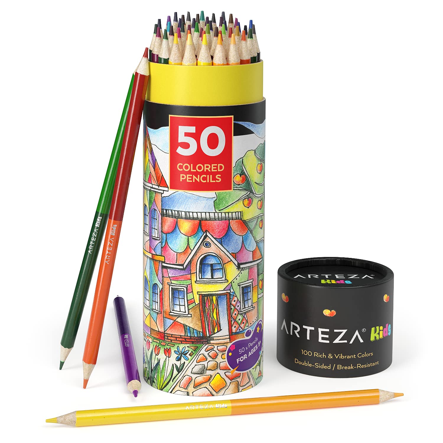 Arteza Kids Colored Pencils Set - 100 Vibrant Colors, 50 Pre-Sharpened Double-Sided Pencil Crayons | Premium Art & School Supplies for Drawing, Sketching & Coloring | Perfect for Classroom, Homeschool & Creative Projects