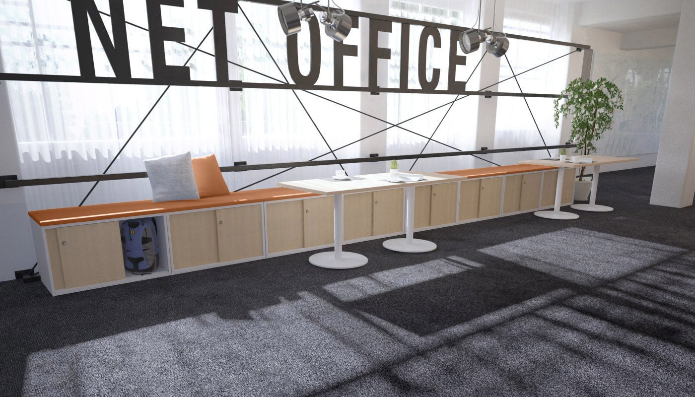 Low Profile Sliding 4-Door Credenza with Soft Top Cushion - Perfect for Home Office, Living Room, and Bedroom Storage