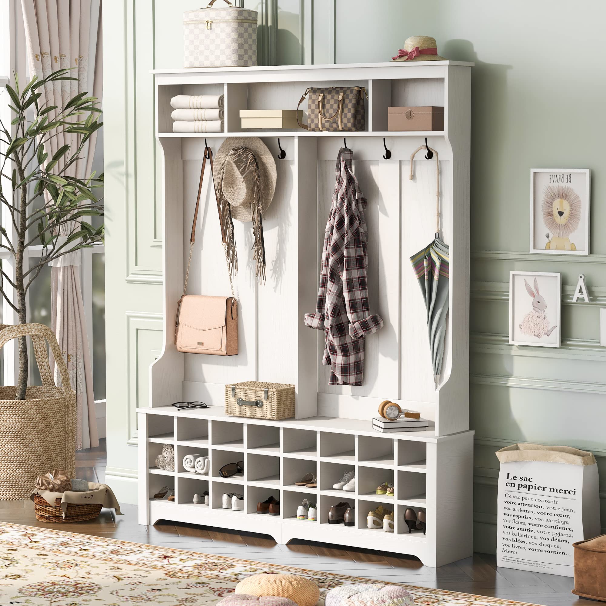 **24-Cube Hall Tree with Shoe Storage & 6 Hooks - Large Entryway Bench with 3 Shelves for Coats, Shoes & Organizing - Perfect for Foyers, Mudrooms & Small Spaces (White)**