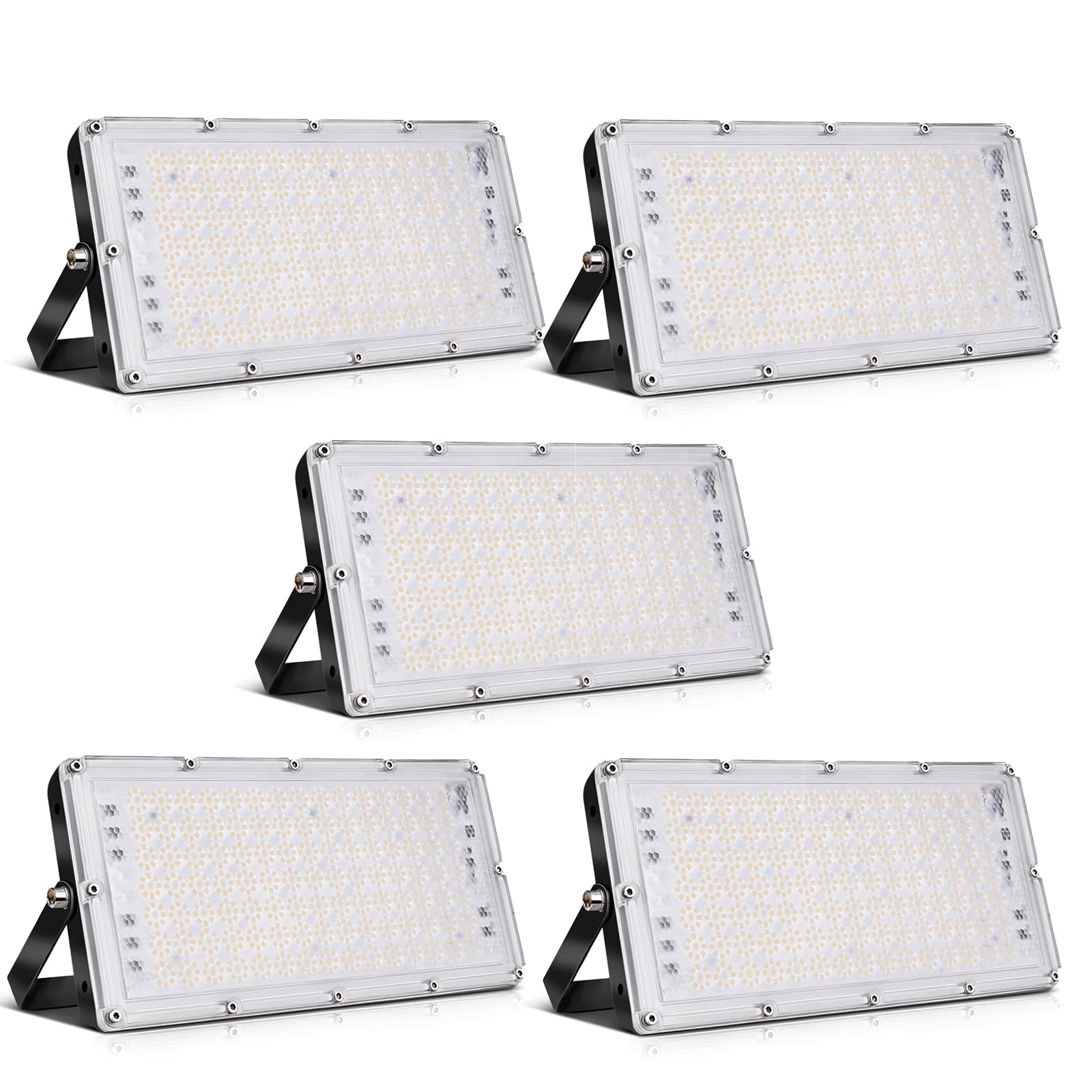 Viugreum 100W LED Flood Lights Outdoor, 8000LM Super Bright Waterproof Work Light, 3000K Warm White Security Lighting for Garage, Yard, Garden, Stadium - IP65 Rated, Energy Efficient (5 Pack) - Perfect for Nighttime Safety, Landscape Illumination & Event Lighting