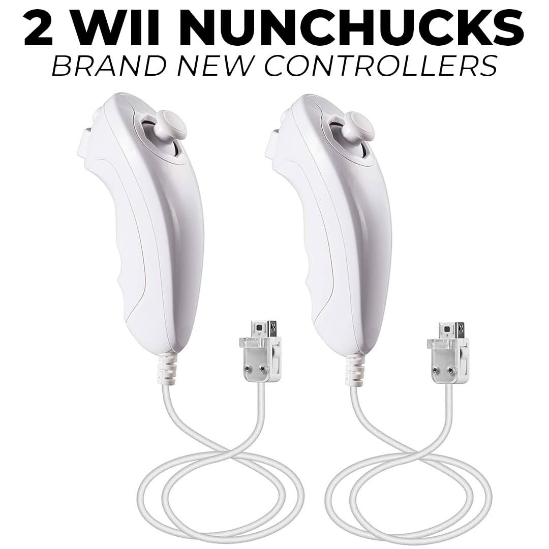 Nintendo Wii Console Bundle - White Wii System with 2 Motion Controllers & Nunchuks, Charging Dock, Rechargeable Batteries & Sensor Bar (Renewed) - Perfect for Family Game Nights & Party Entertainment