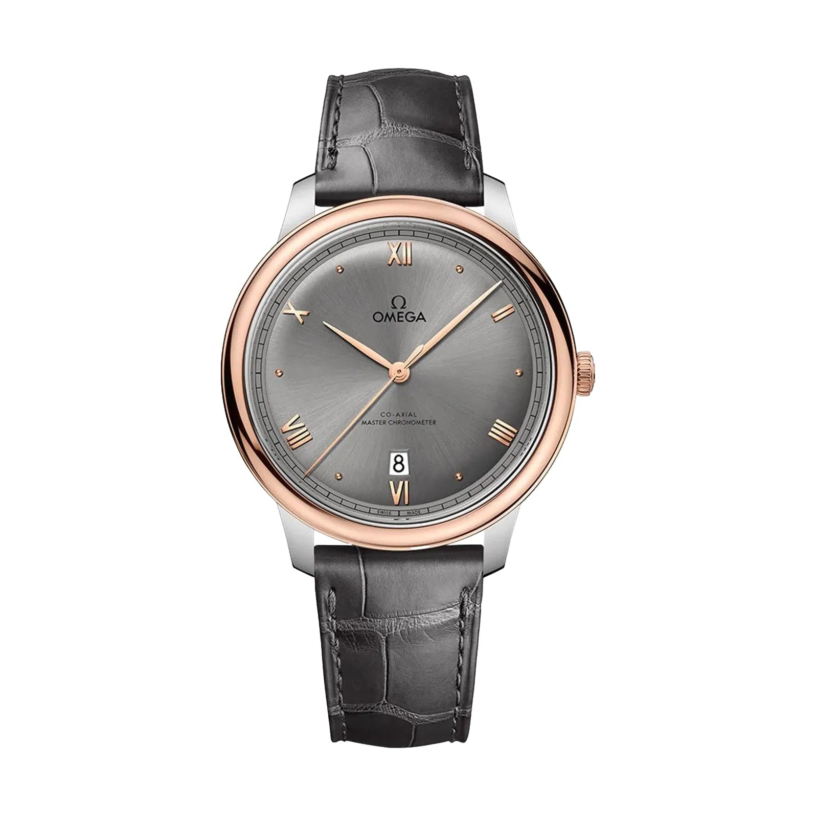 Omega De Ville Prestige Co-Axial Master Chronometer 40mm Men's Watch - Stainless Steel & Sedna Gold Case, Grey Dial, Leather Strap - Luxury Dress Watch for Business & Formal Occasions