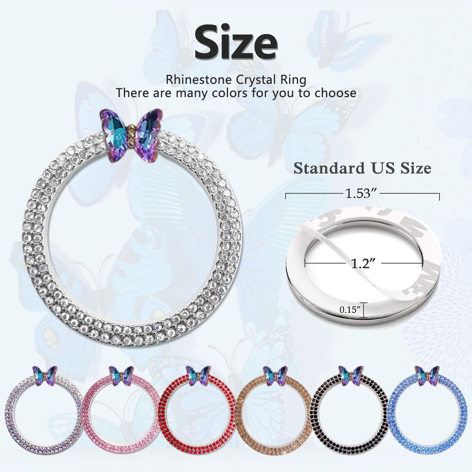 Shiny Crystal Rhinestone Car Bling Ring Emblem - Silver Butterfly Design for Buttons & Knobs | Stylish Car Accessories for Women | Perfect for Steering Wheel & Dashboard Decoration