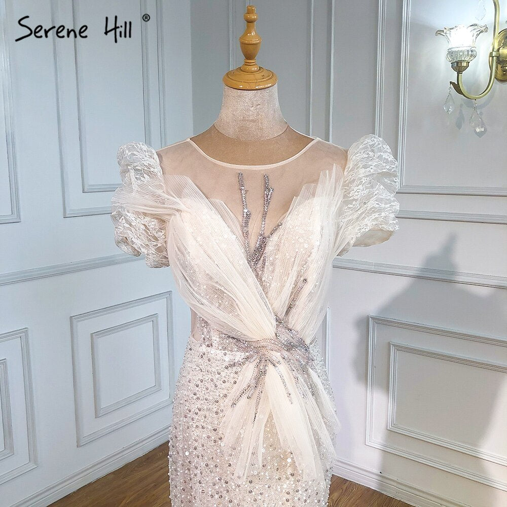 Elegant Ivory Beaded Puffy Sleeves Mermaid Evening Gown for Women - Luxury Party Dress for Prom, Wedding & Special Occasions - Serene Hill LA71300