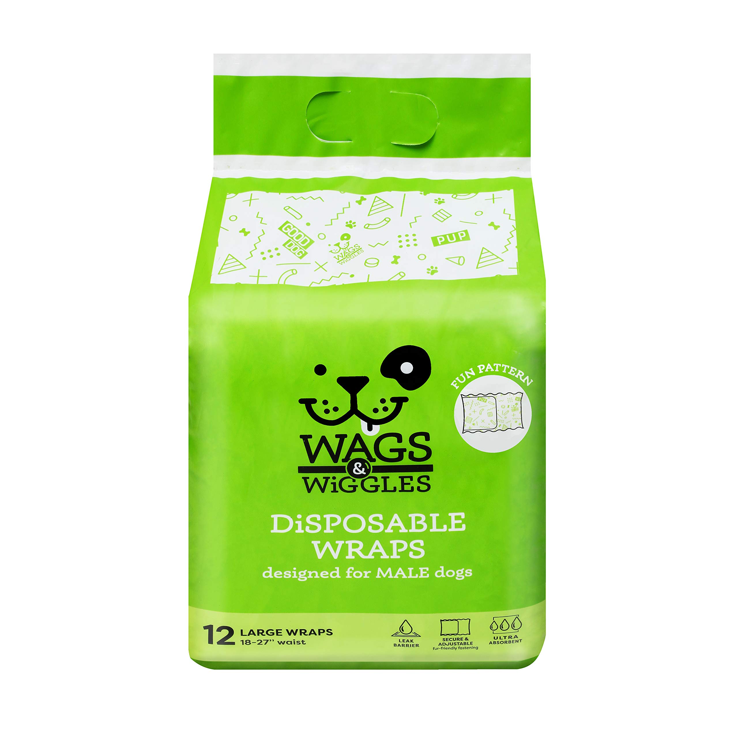 Wags & Wiggles Male Wraps - Disposable Dog Diapers for Male Dogs | 144 Count Pack | Fits Waist Size 18-27 Inches | Perfect for House Training, Travel & Senior Dogs