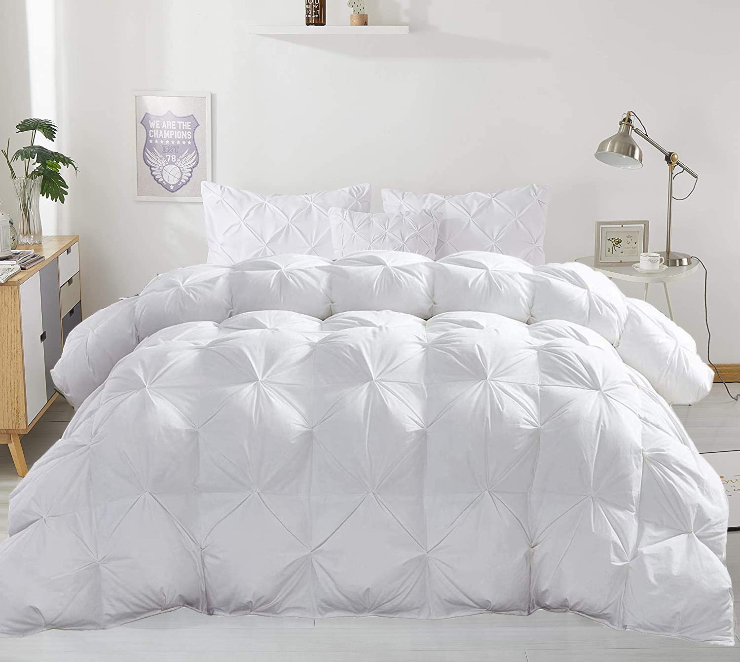 600 GSM All-Season 3-Piece Quilted Pinch Pleated Fluffy Comforter Set - 100% Cotton Duvet Insert with 2 Pillowcases (Full/Queen, White) | Ultra Soft Bedding for Cozy Nights & Luxury Hotel-Style Bedroom Decor